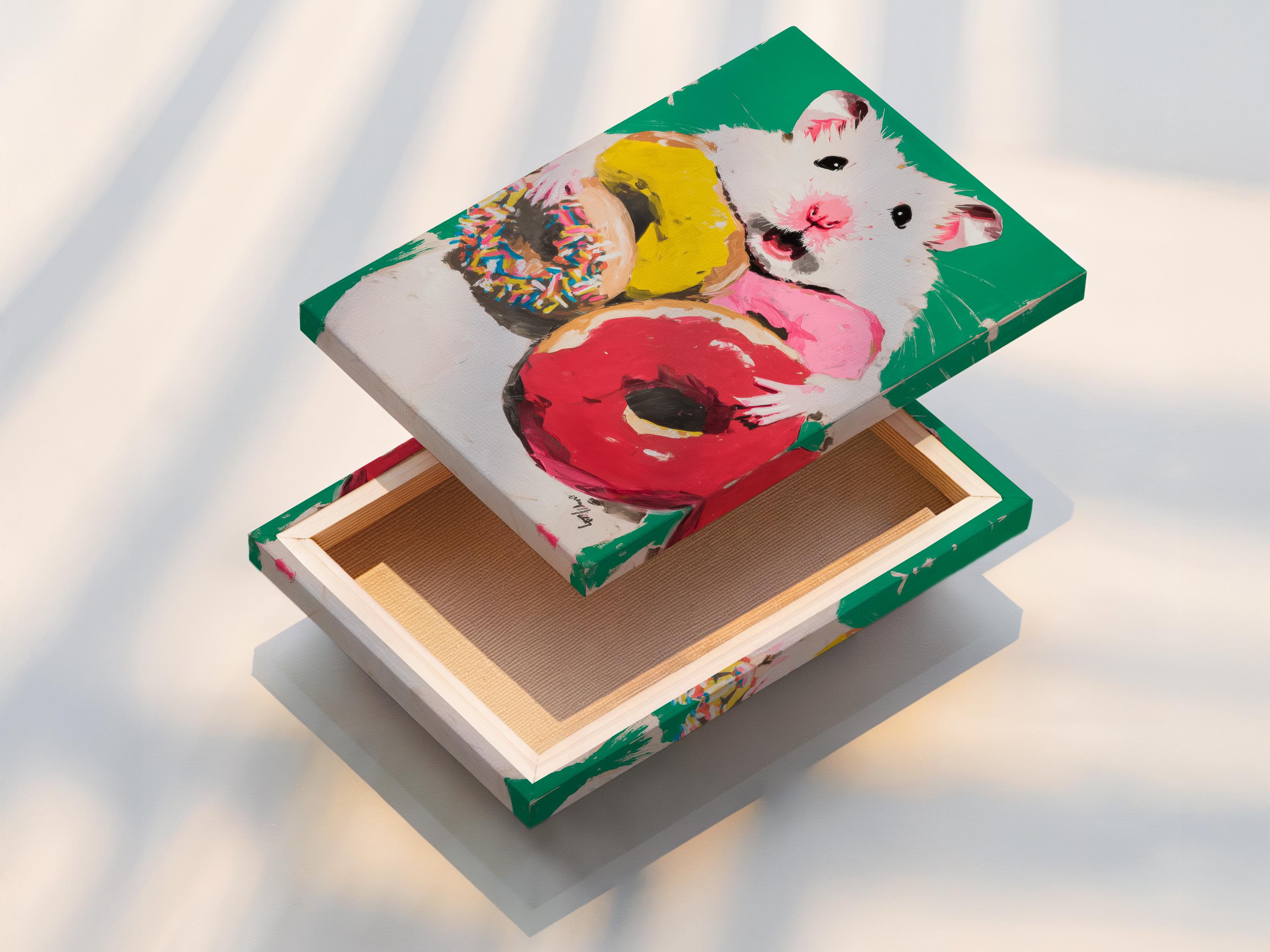 Cute hamster portrait holding a pink donut on a bright green background detail view