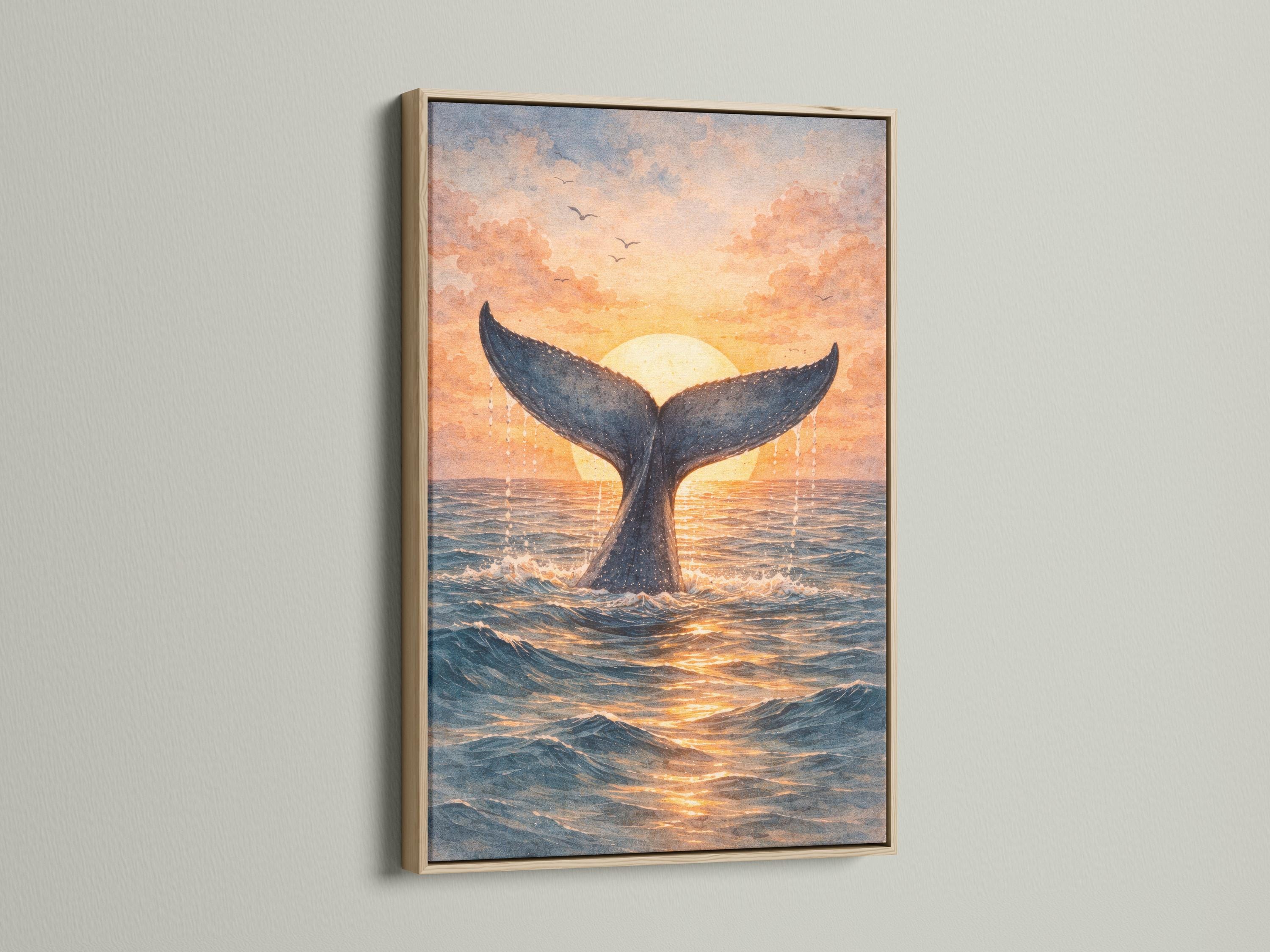 Whale tail sunset artwork hanging in a coastal cafe setting with signs and shelves