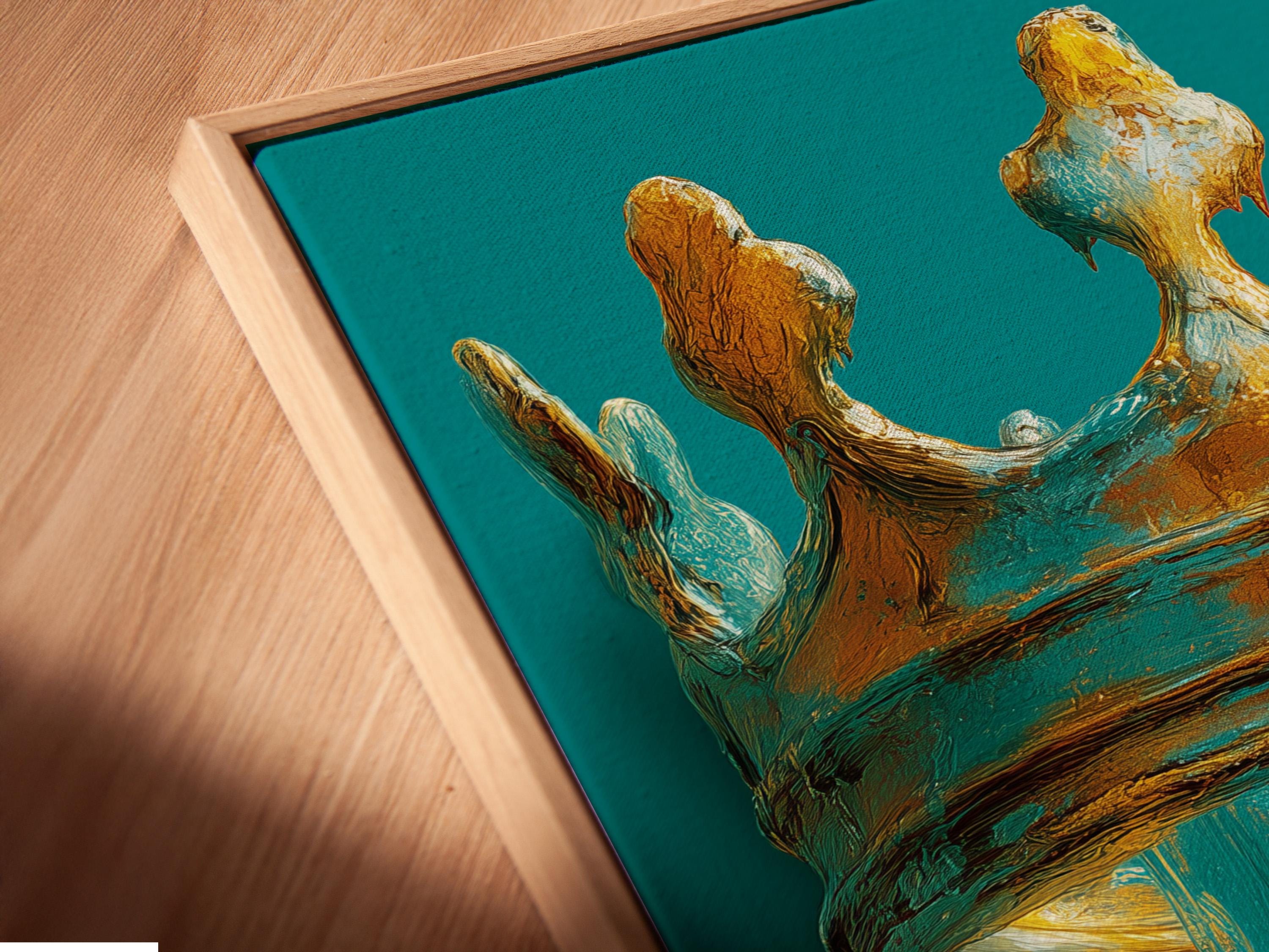 Wall mockup showing a teal and gold crown drip painting framed artwork