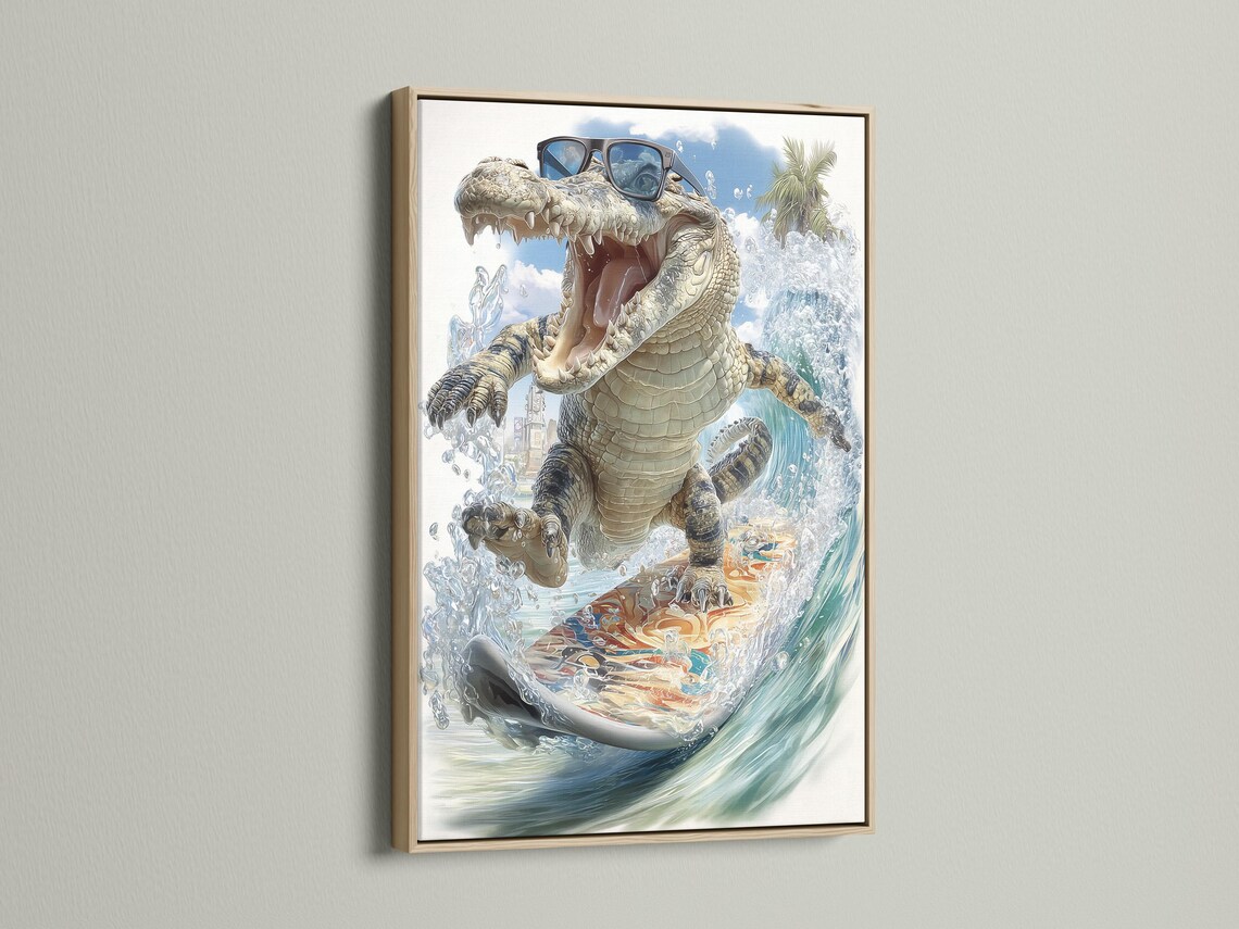Roaring alligator with sunglasses surfing on a surfboard through foamy blue waves detail view