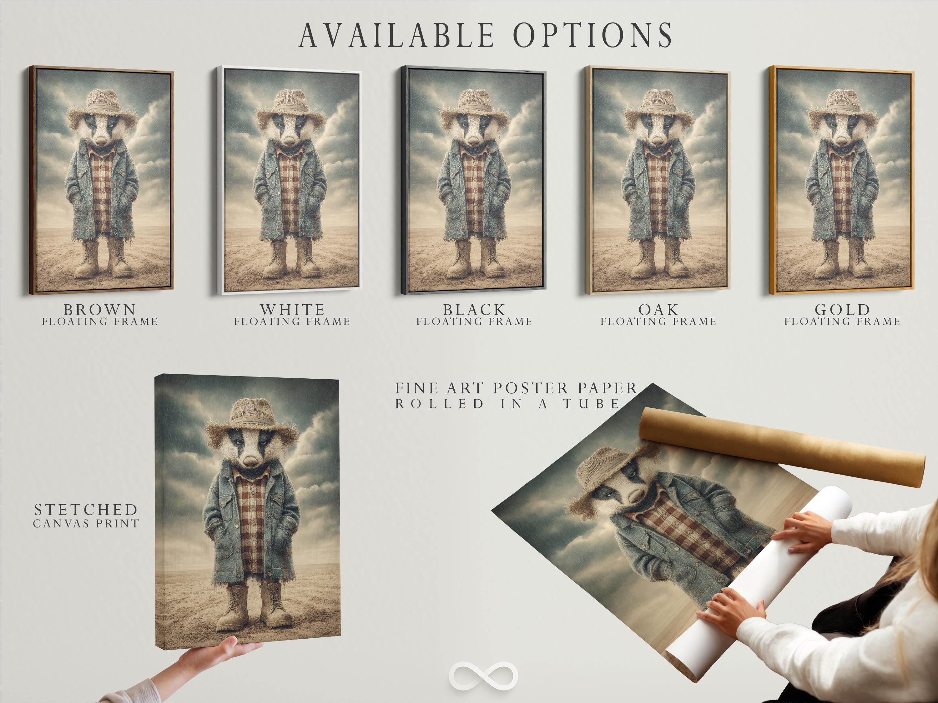 Stylised badger character wearing a straw hat and denim jacket in a sandy western scene detail view