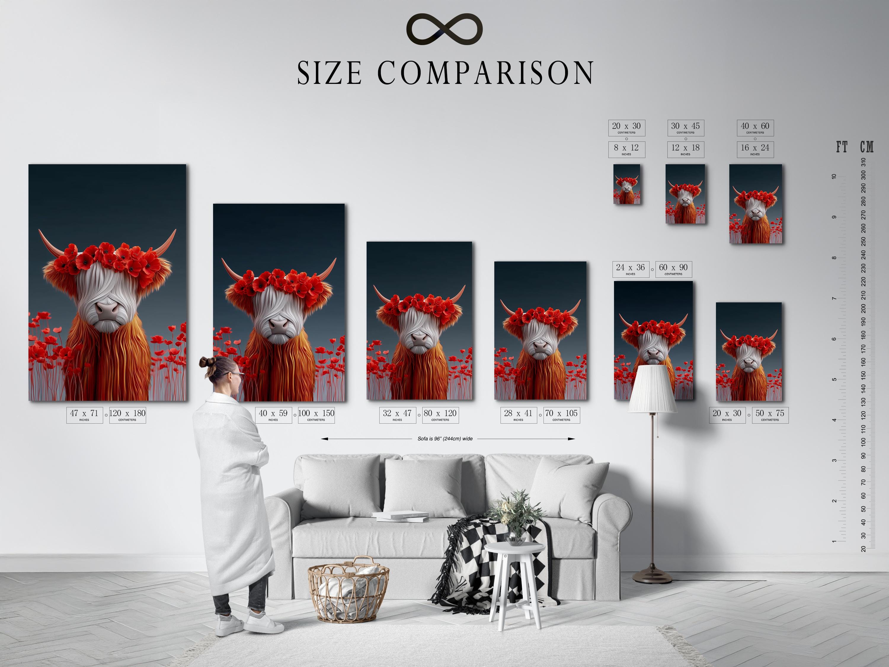 Room mockup featuring a framed stylised Highland cow with red poppy flower crown