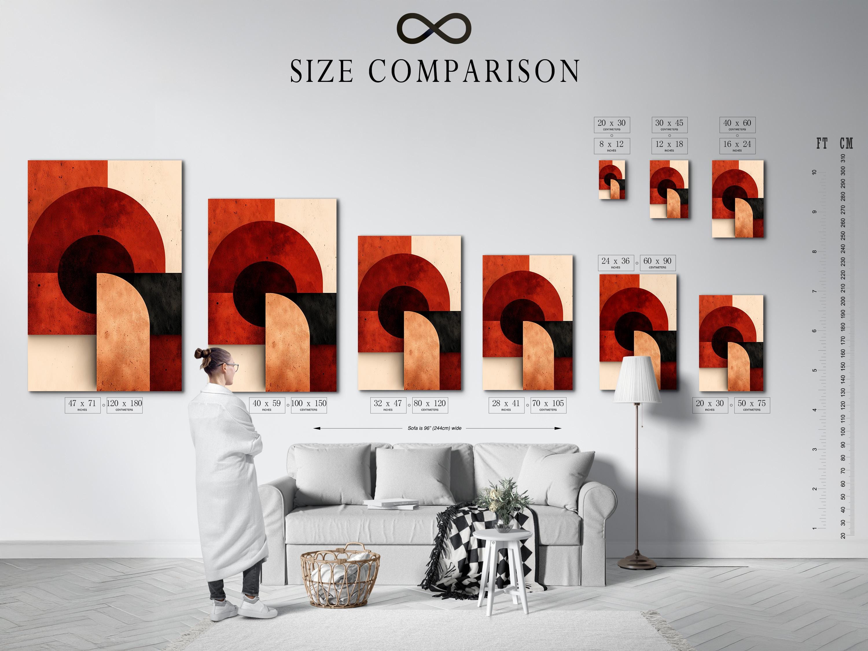 Abstract geometric artwork in a framed setup with rust red, beige and charcoal circles