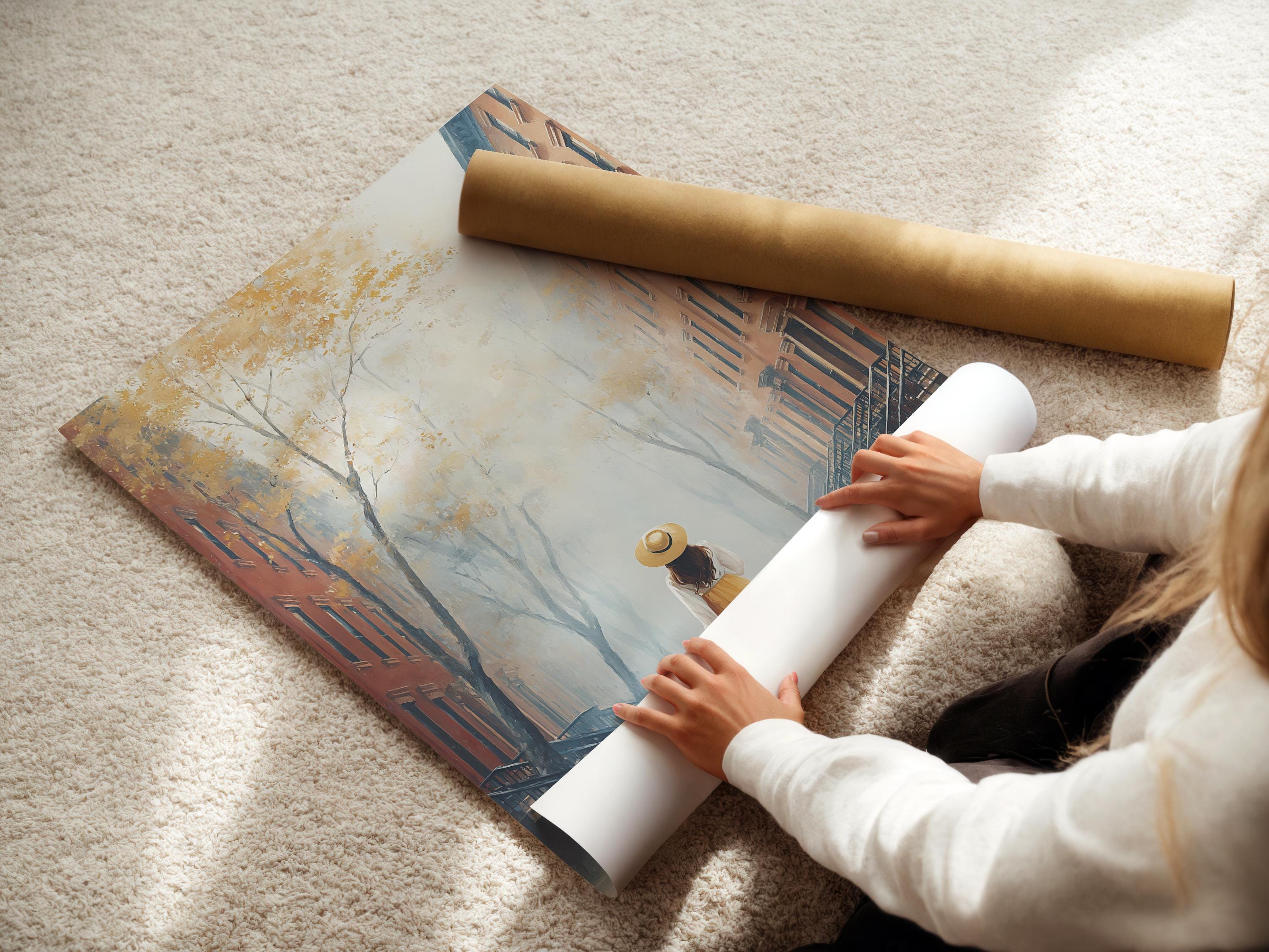 Room mockup showing a framed painterly city street scene with a woman walking a small dog