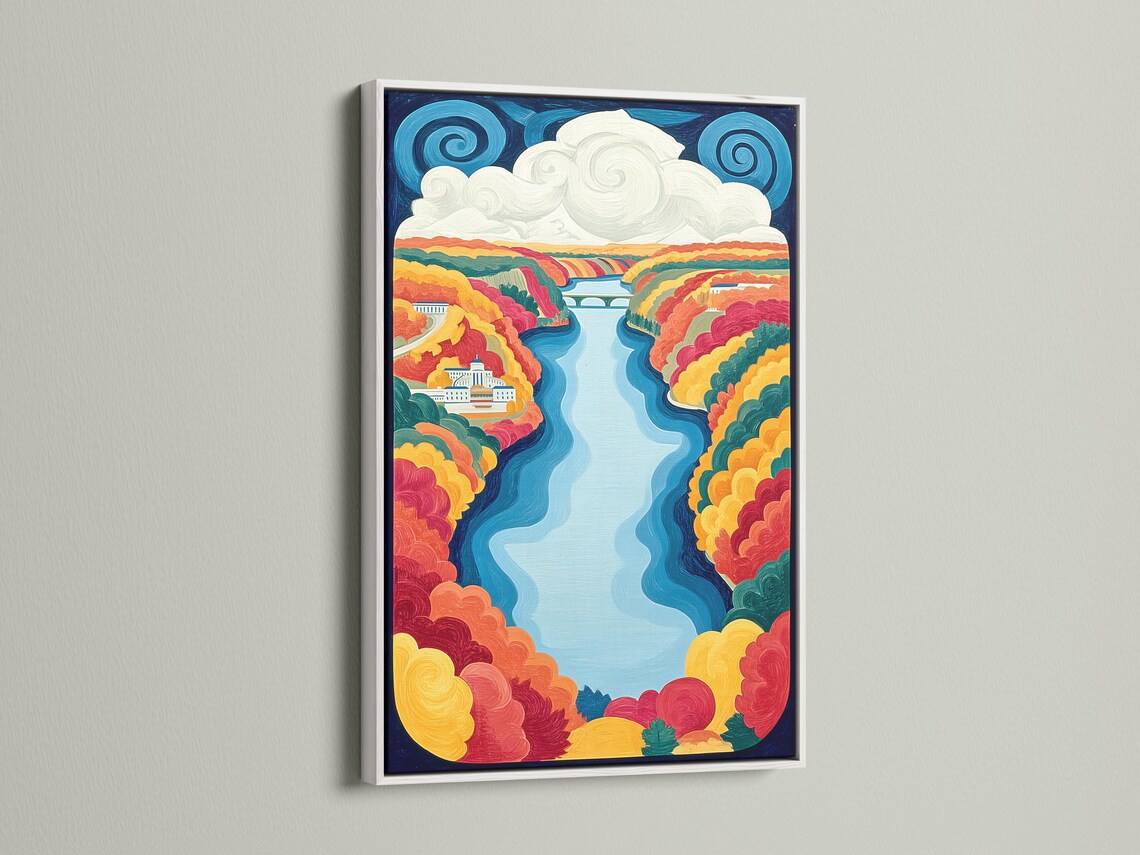 Stylised autumn river valley landscape with winding blue river, warm foliage, pale clouds and small buildings detail view