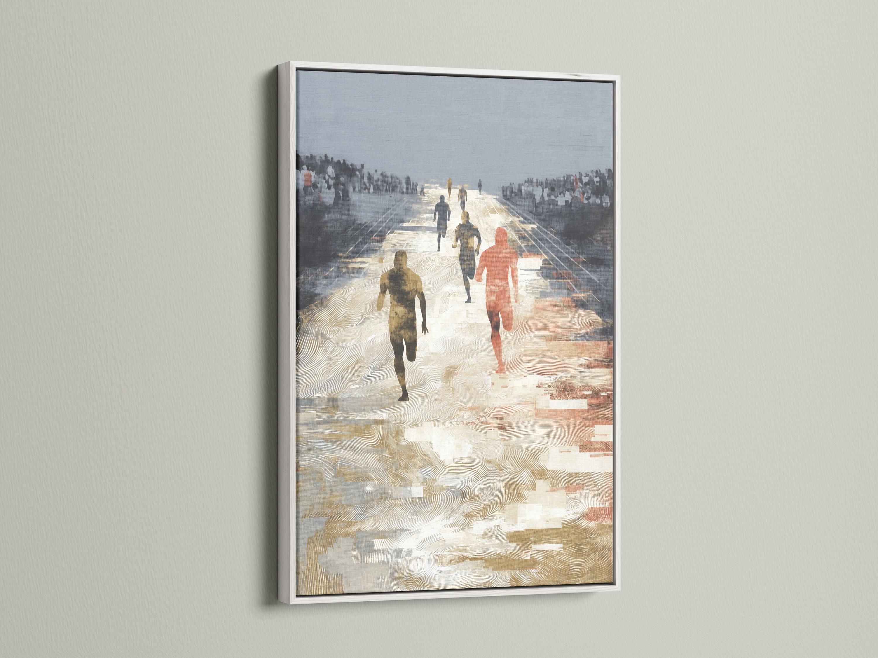 Stylised running scene with several runners on a sunlit path, beige and gold tones against blue-grey haze detail view