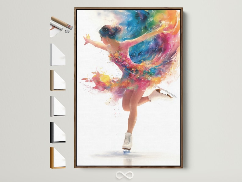 Stylised figure skater dancer with multicolour paint-splash motion over a white background