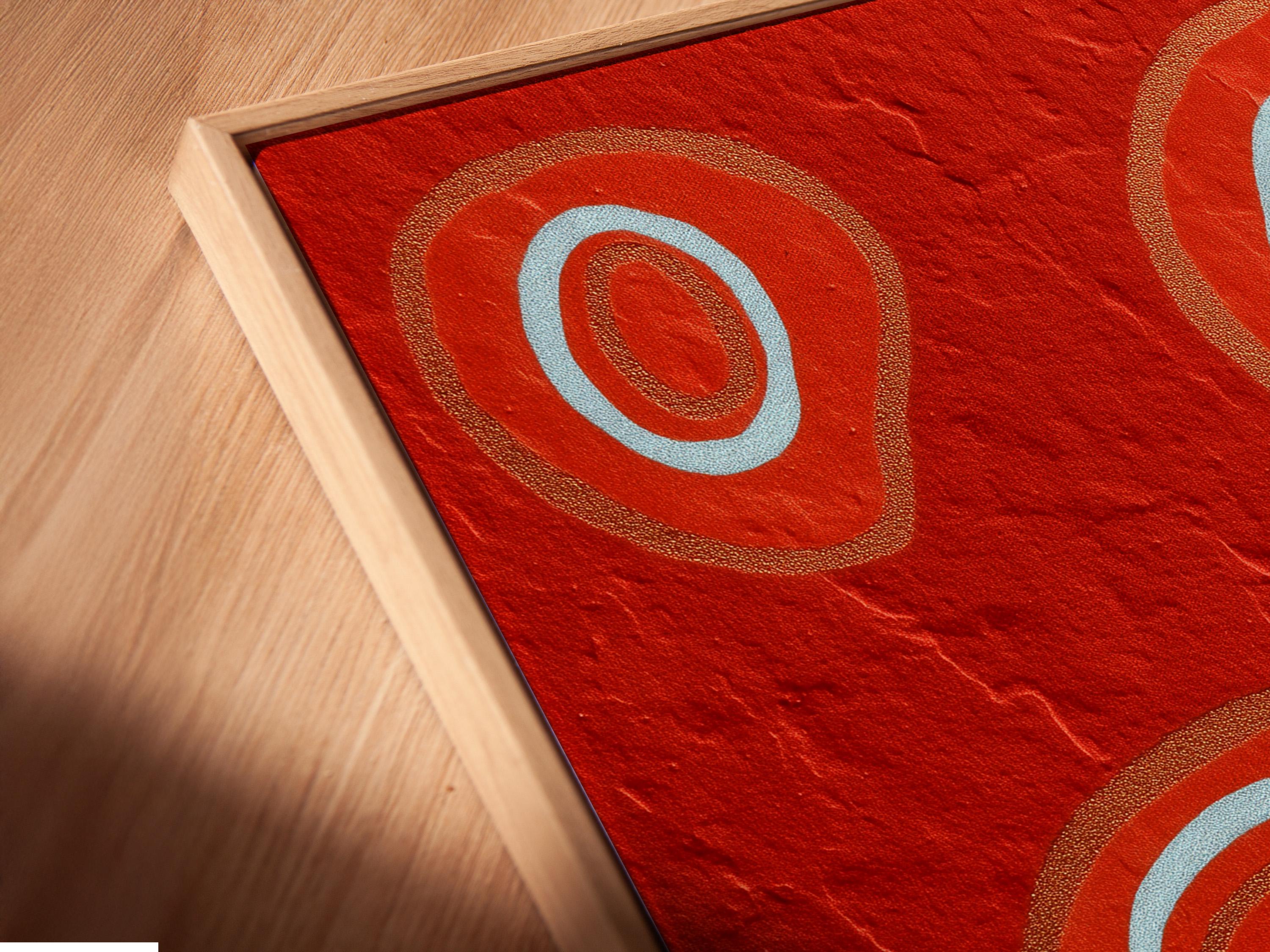 Room mockup showing a red abstract artwork with concentric circle motifs in pale blue and copper tones