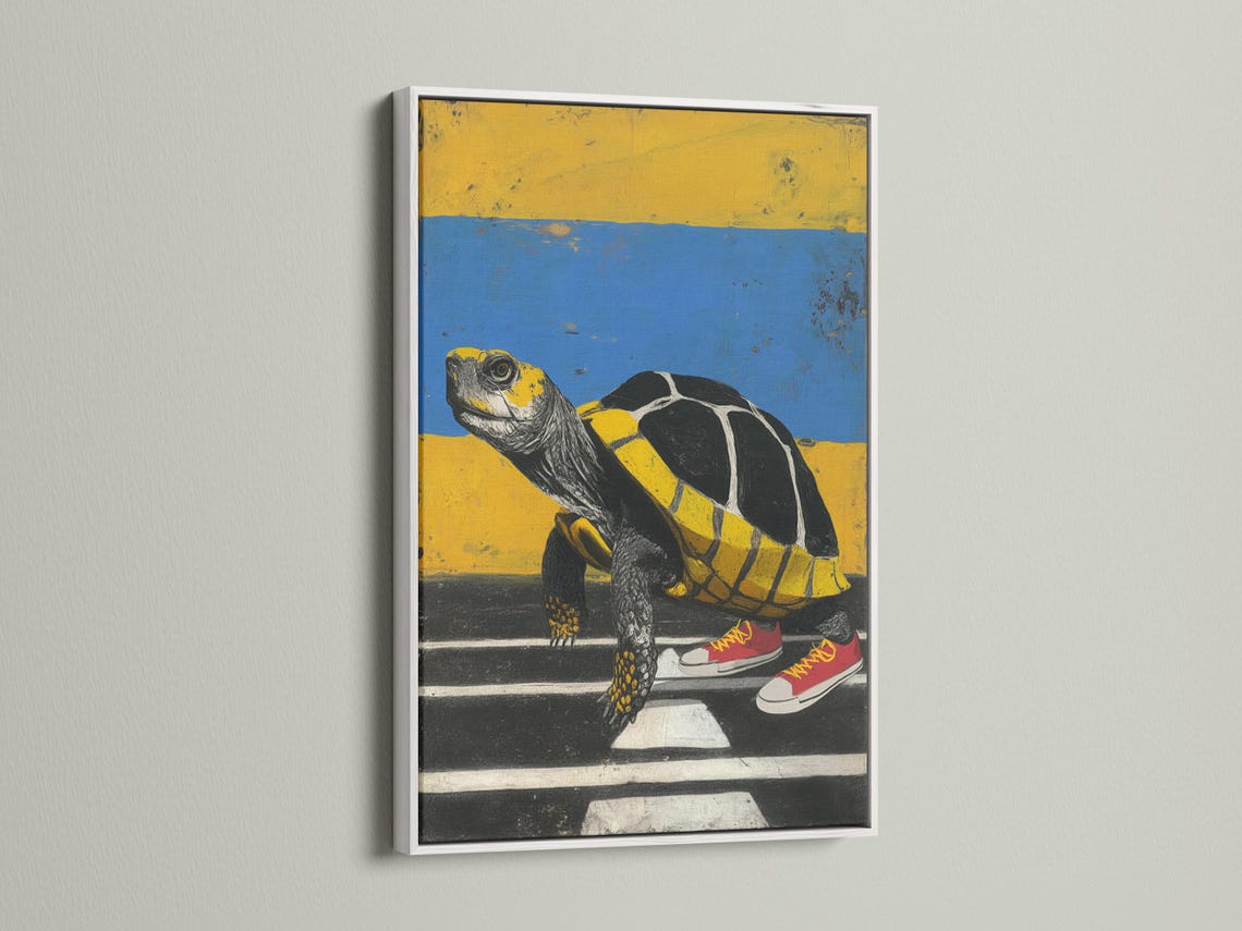Stylised turtle wearing red sneakers on a road, with blue sky and yellow horizon detail view