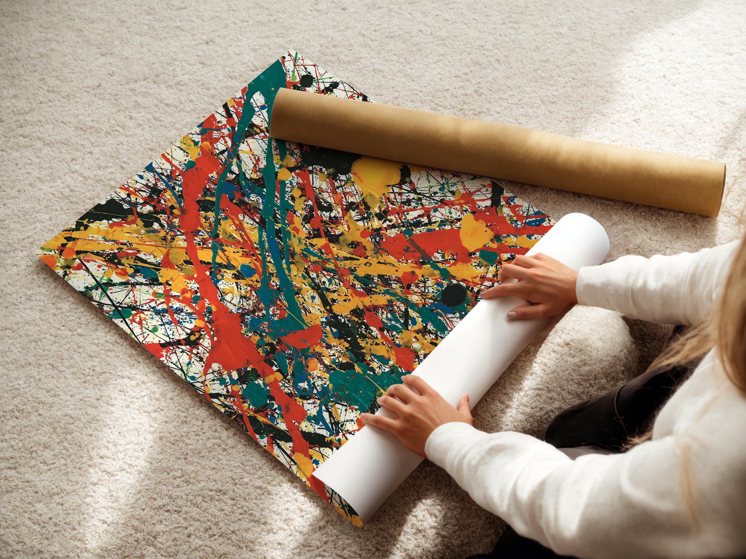 Room mockup showing an abstract expressionist artwork with red, teal, yellow and black splatters