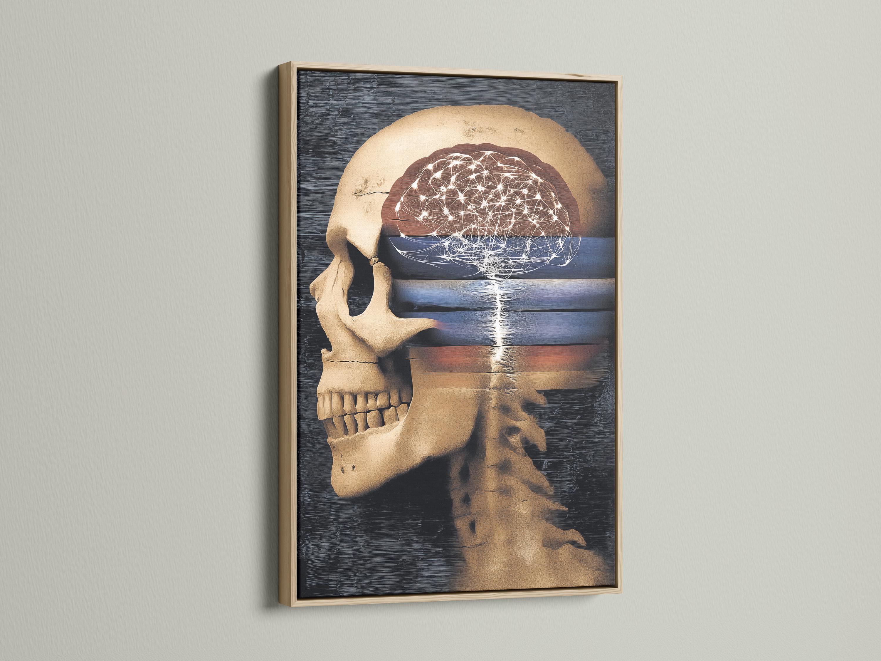 Wall mockup showing anatomical skull artwork with glowing neural lines