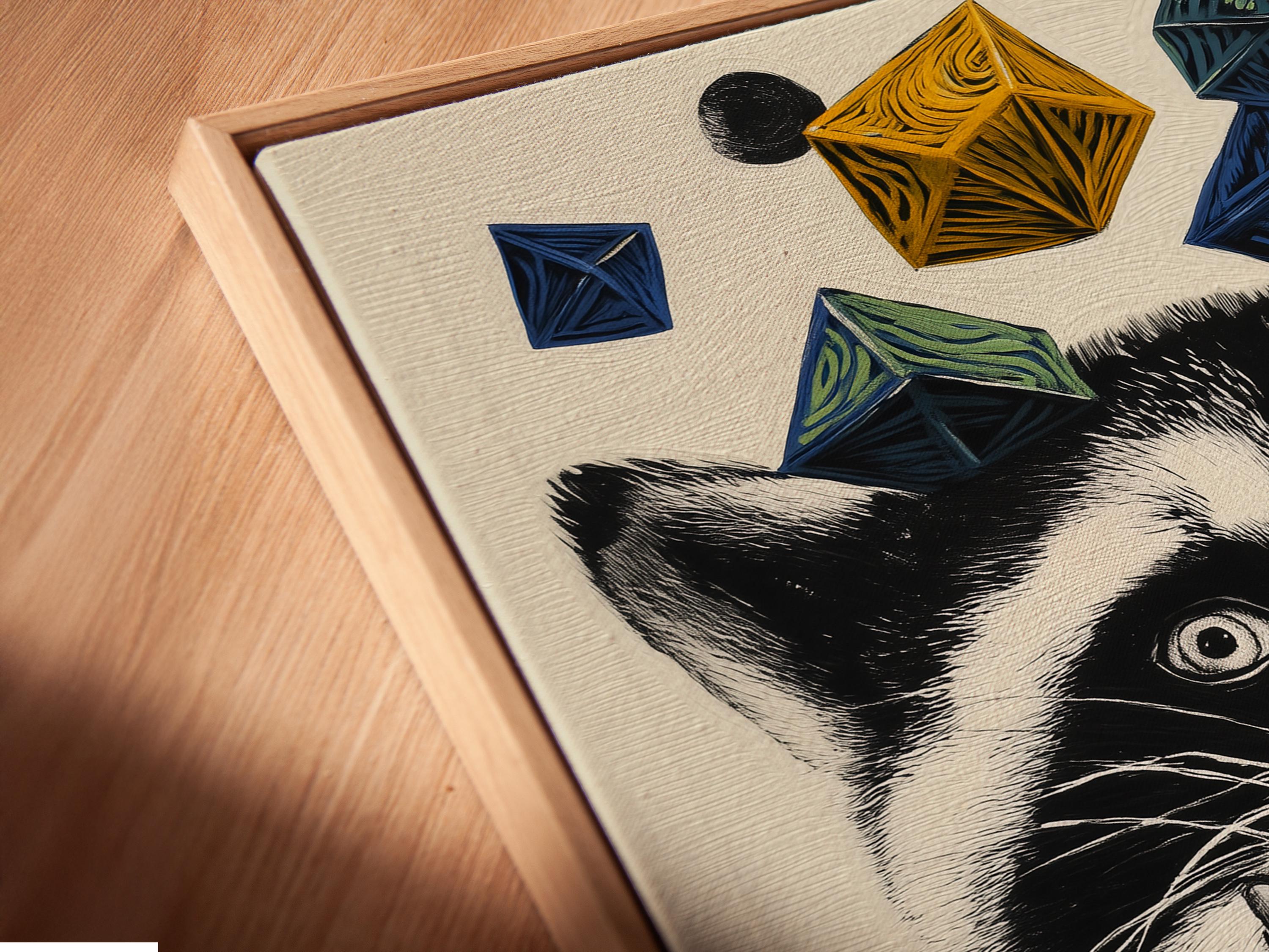 Stylised raccoon portrait with black and white fur, mustard yellow texture, and floating navy geometric shapes detail view