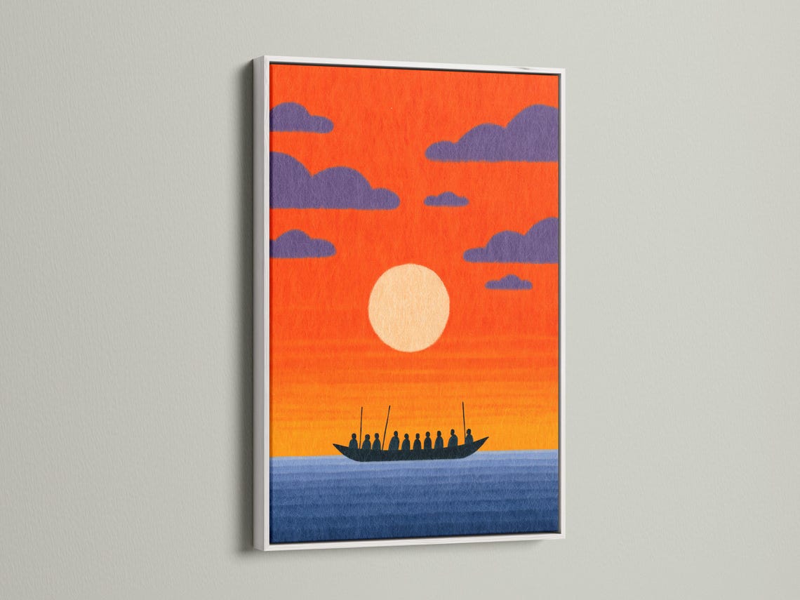 Dark boat silhouette with figures on blue waves beneath an orange sunset sky and purple clouds detail view