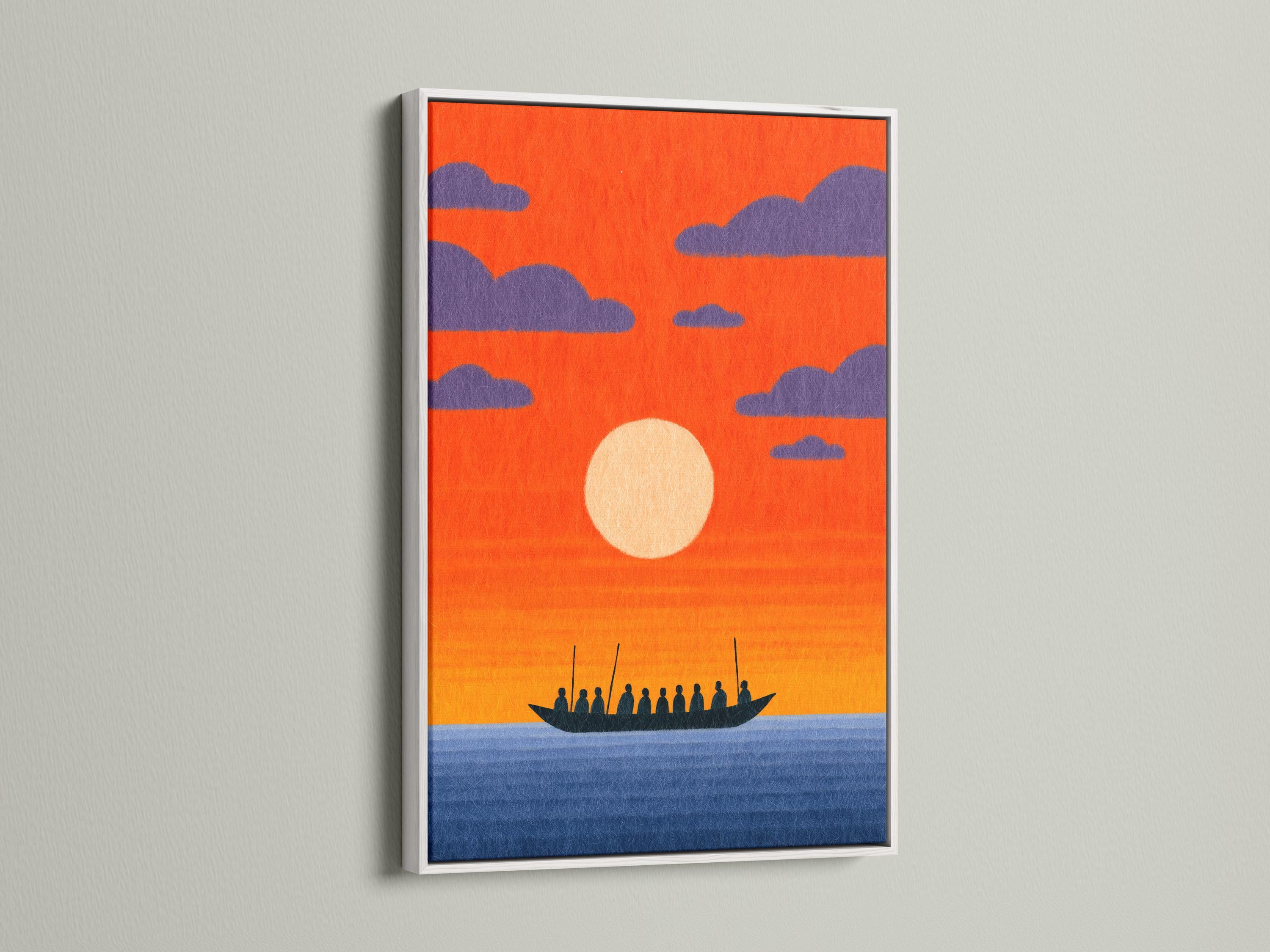 Dark boat silhouette with figures on blue waves beneath an orange sunset sky and purple clouds detail view