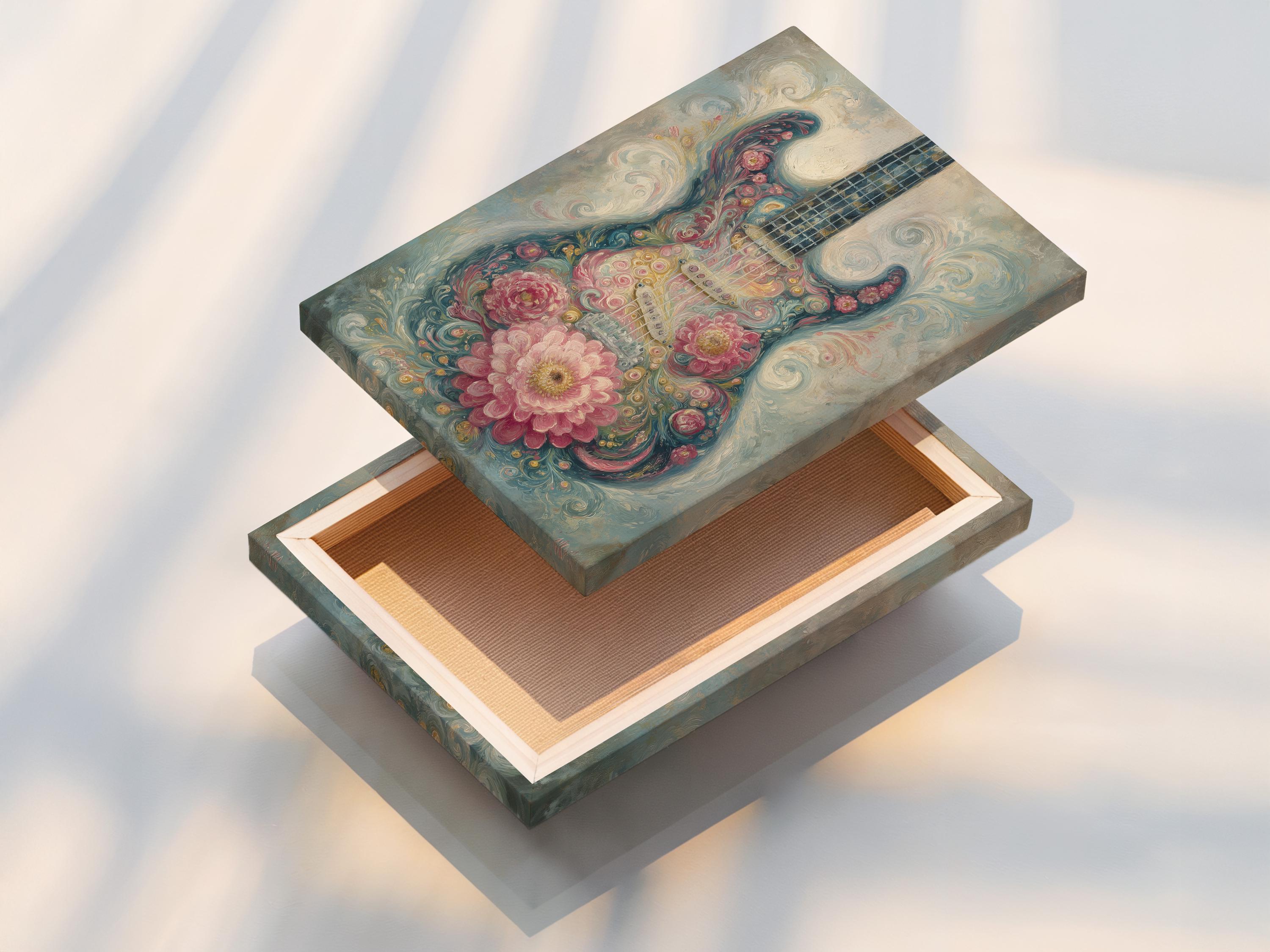Stylised floral guitar artwork with dusty pink blossoms and teal-blue swirls detail view