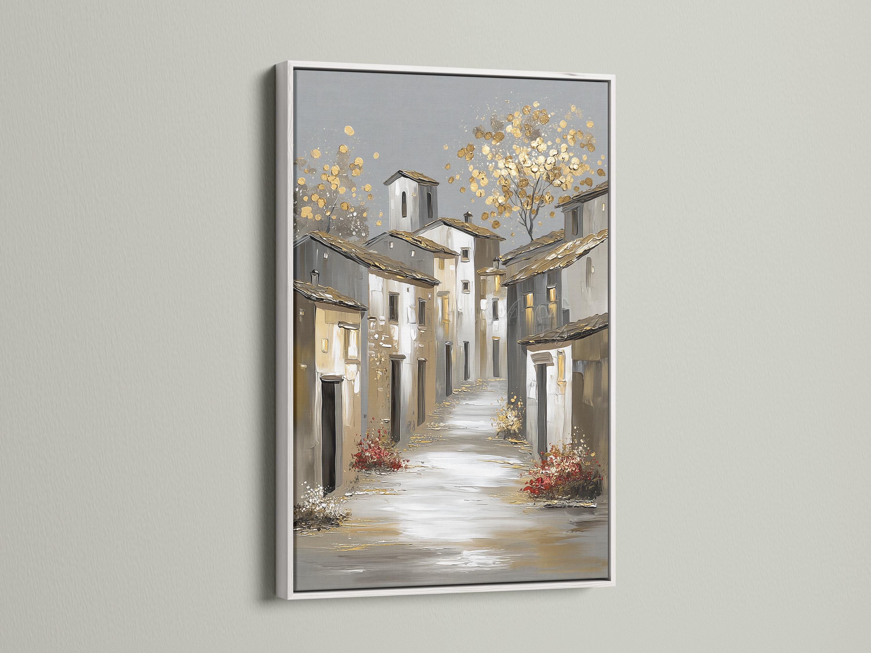 Gold sparkle European village street illustration with white buildings and grey roofs detail view