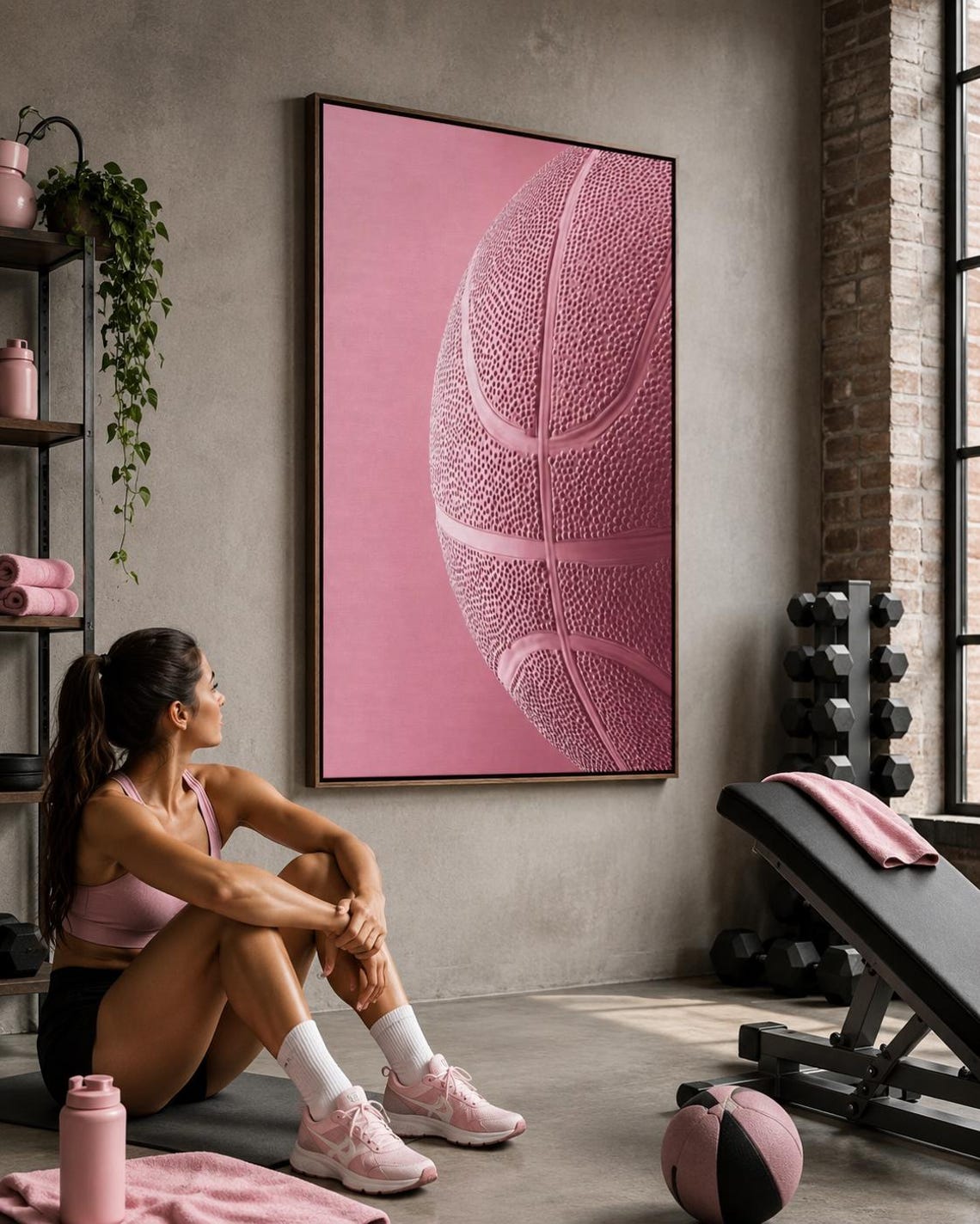 Woman sitting on a sofa beside a framed bubblegum pink basketball artwork
