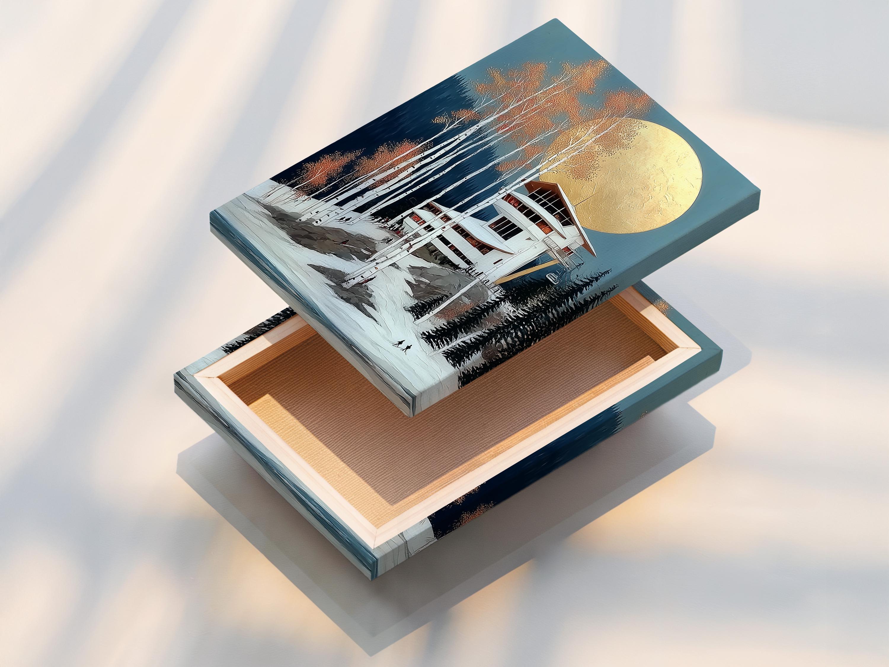 Winter ski lodge scene with a gold moon, snowy trees and a cabin detail view
