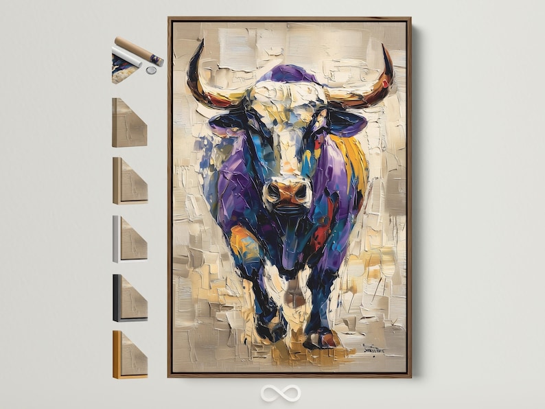 Stylised bull portrait with purple and blue tones, gold accents and a textured beige background