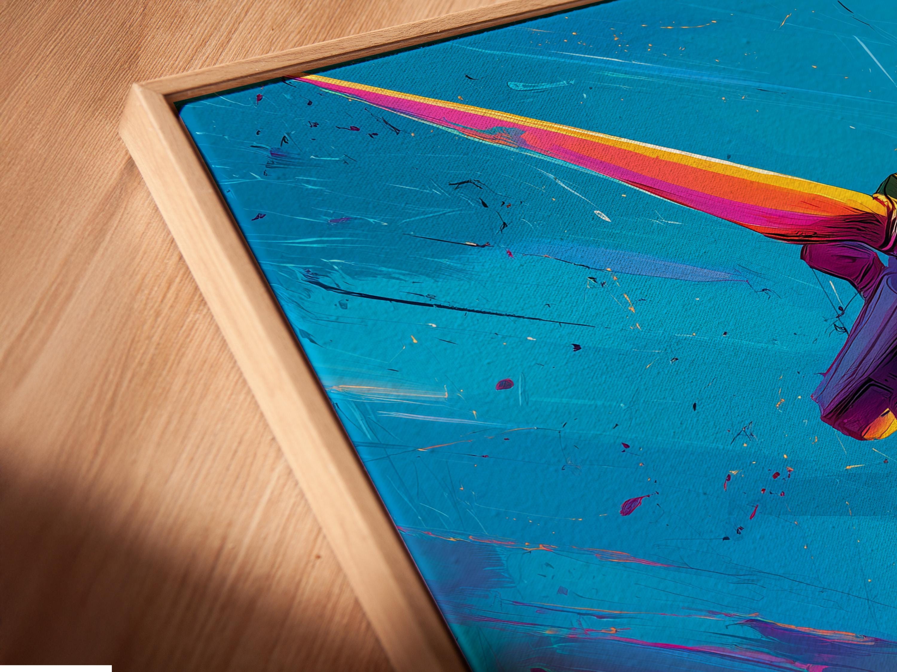 Wind turbine on a sky-blue background with diagonal motion streaks and orange magenta accents detail view