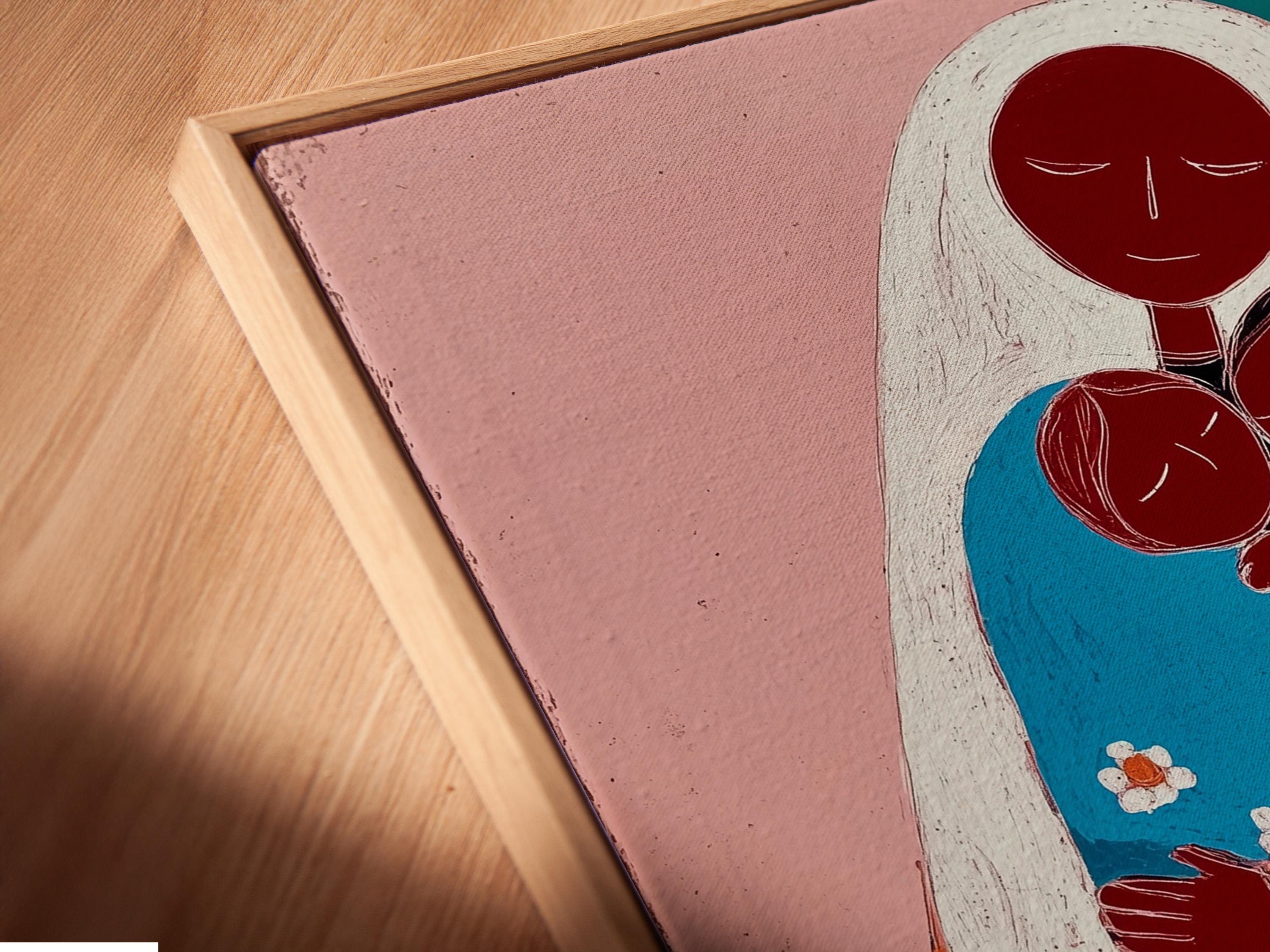Framed mother and child portrait artwork in pink and teal colours in a mockup scene