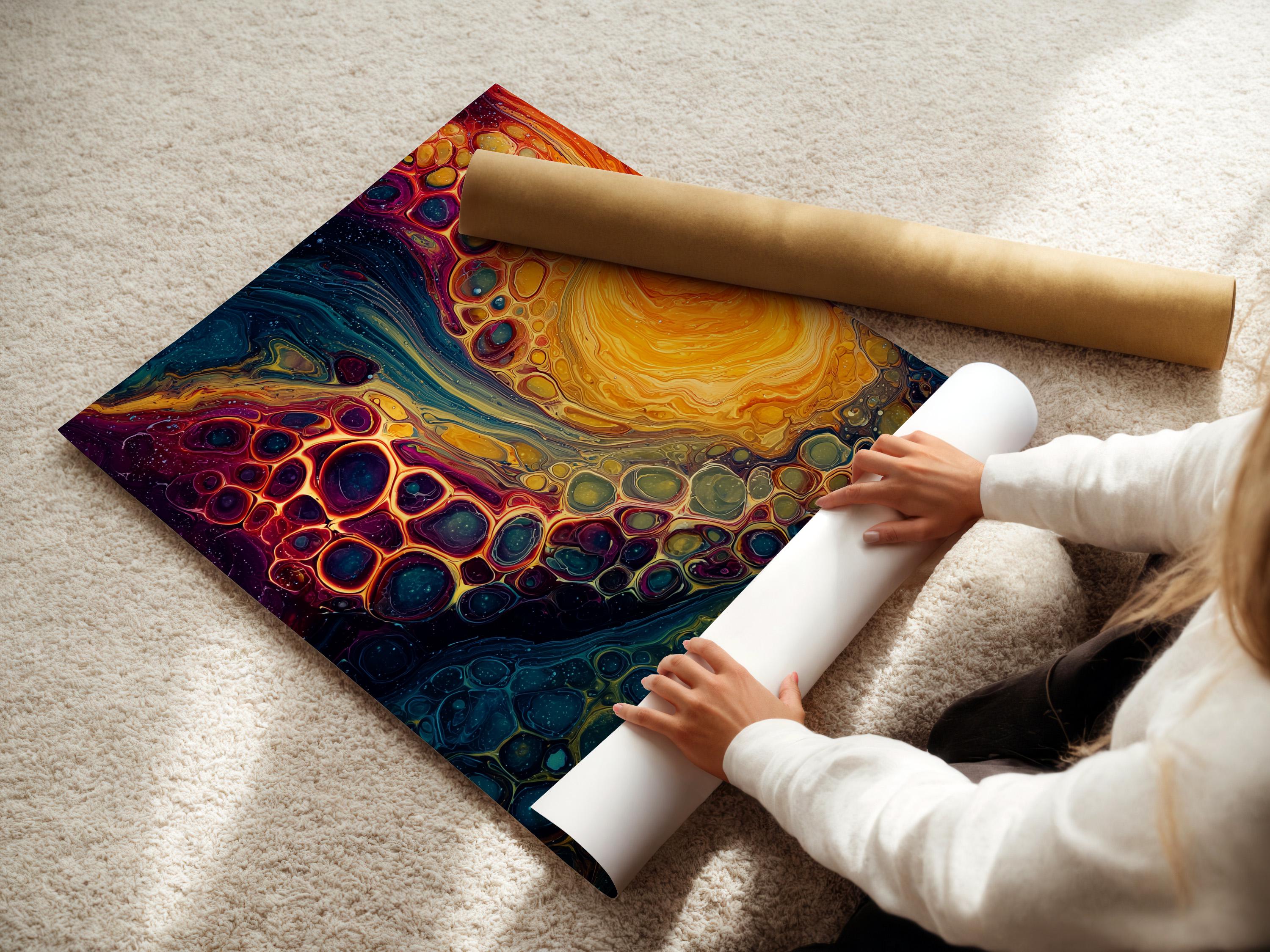 Vivid fluid abstract painting with teal and orange gold tones and bubble-like cells detail view