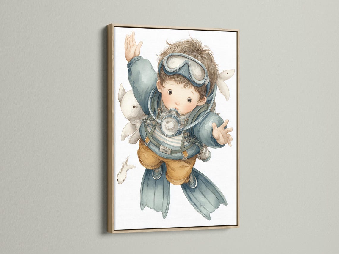 Scuba diving boy illustration with underwater fish floating around him detail view