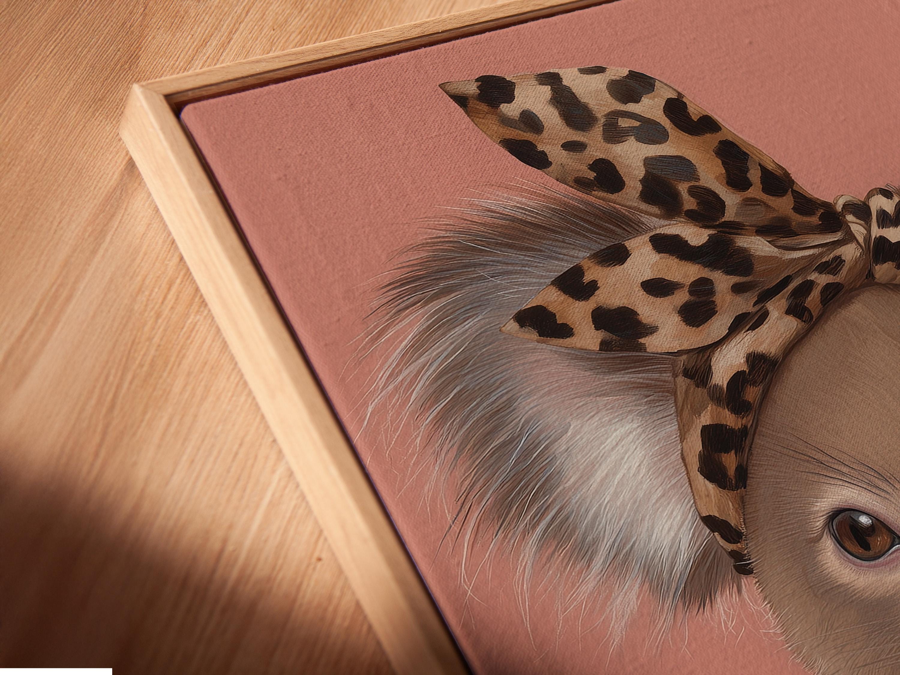 Koala portrait with leopard headband and pearl necklace on a dusty pink background detail view