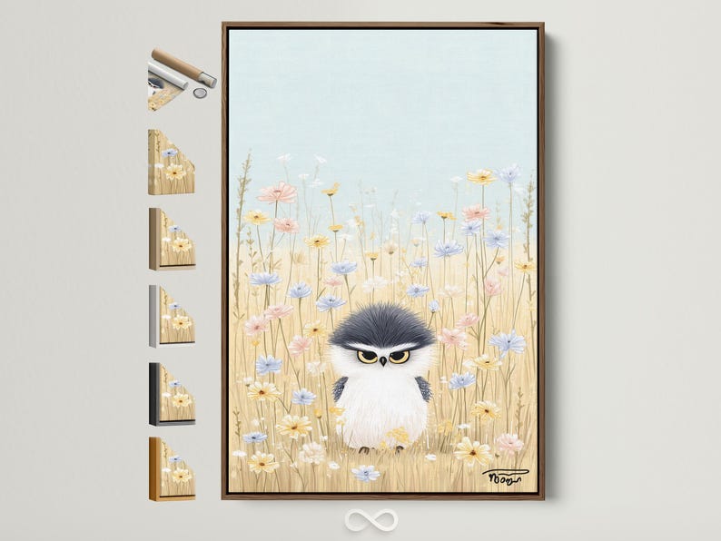 Whimsical owl standing in a pastel meadow of wildflowers