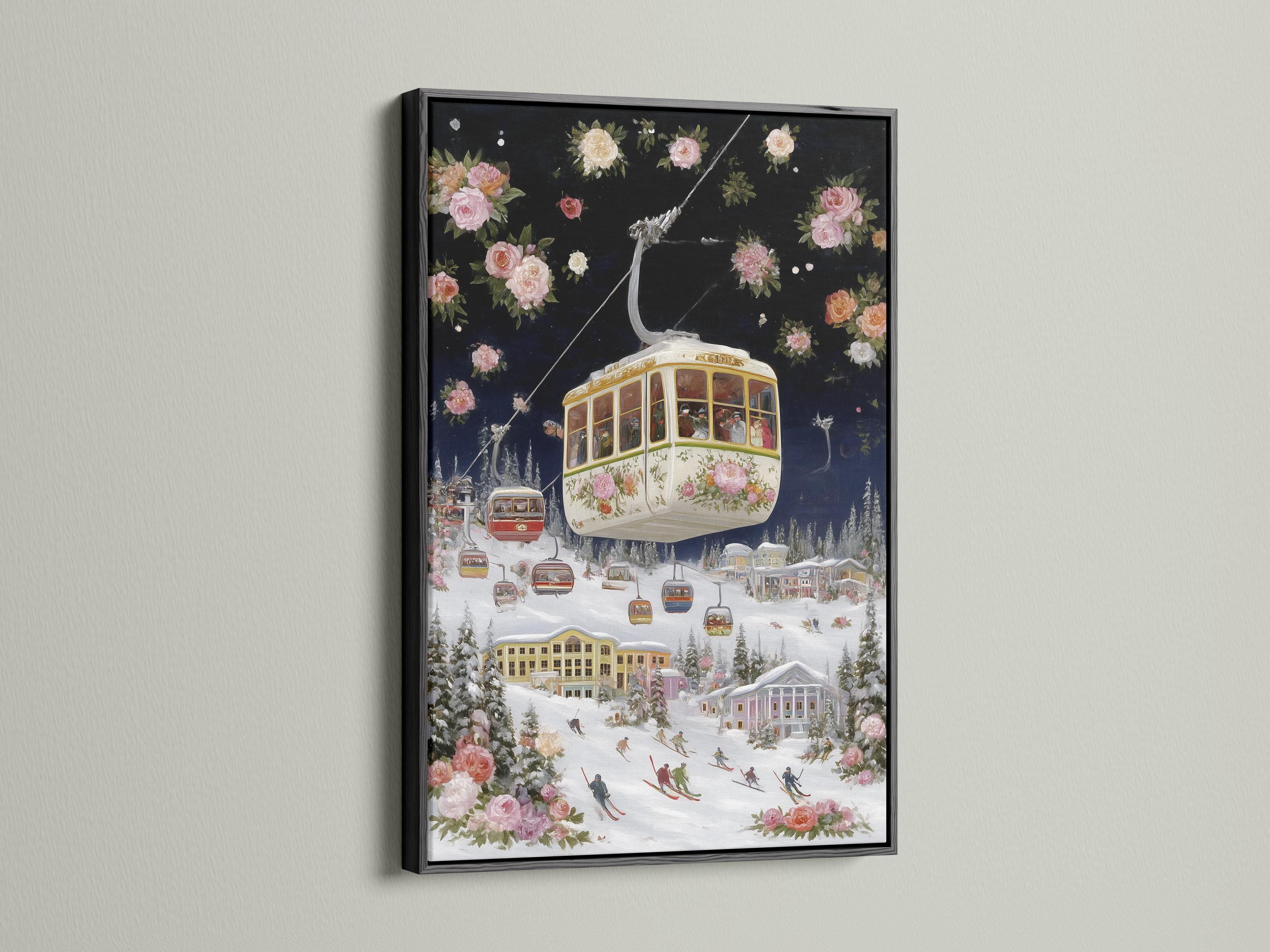 Vintage cable car over a snowy ski village with pink flowers in a winter landscape detail view
