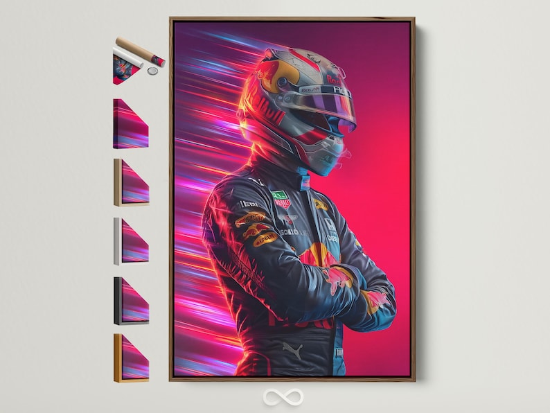 Neon racing driver artwork with hot magenta background and blue and red speed streaks