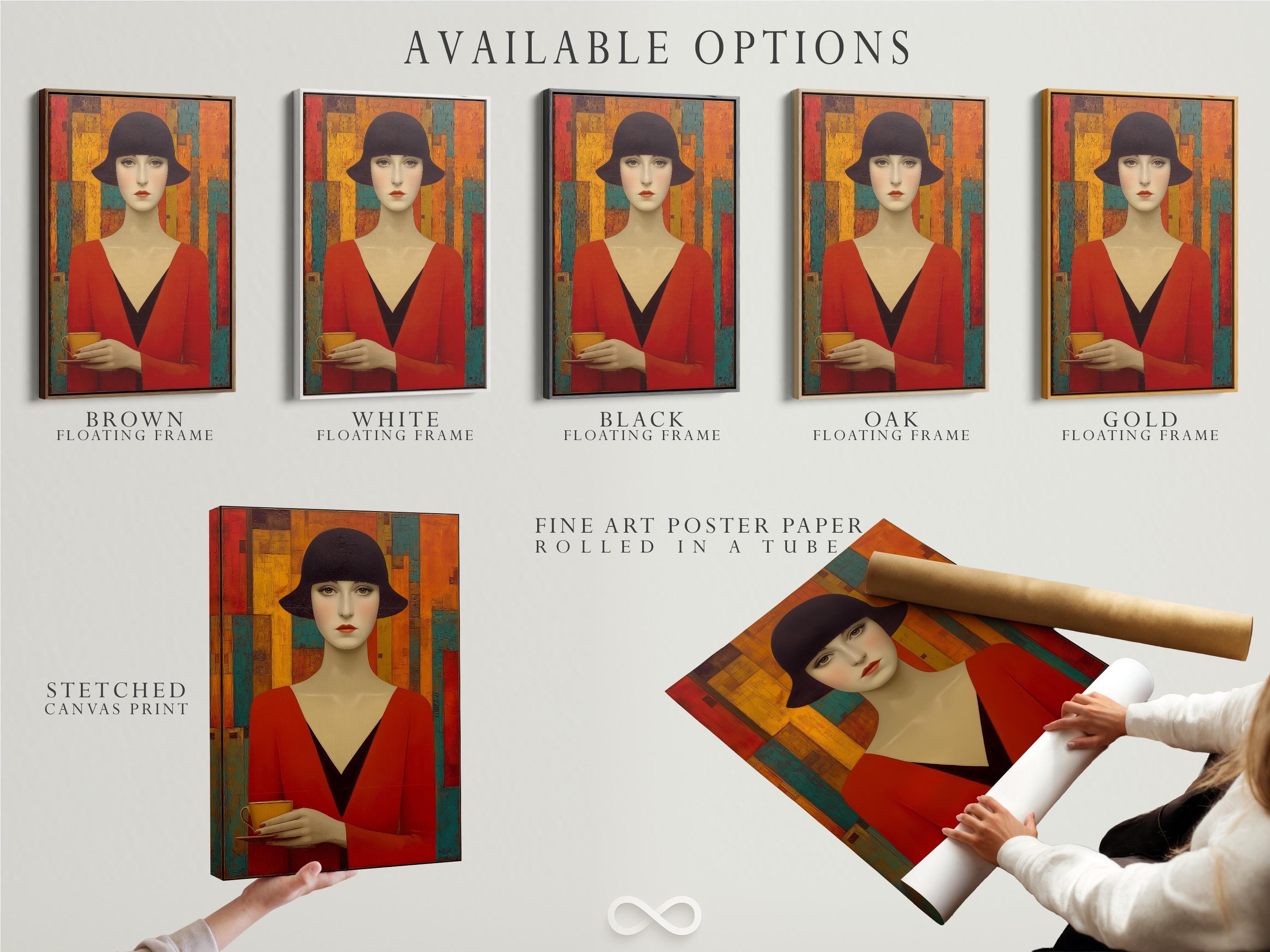 Stylised woman portrait with dark hat, red dress and geometric Art Deco blocks in red, gold and teal detail view