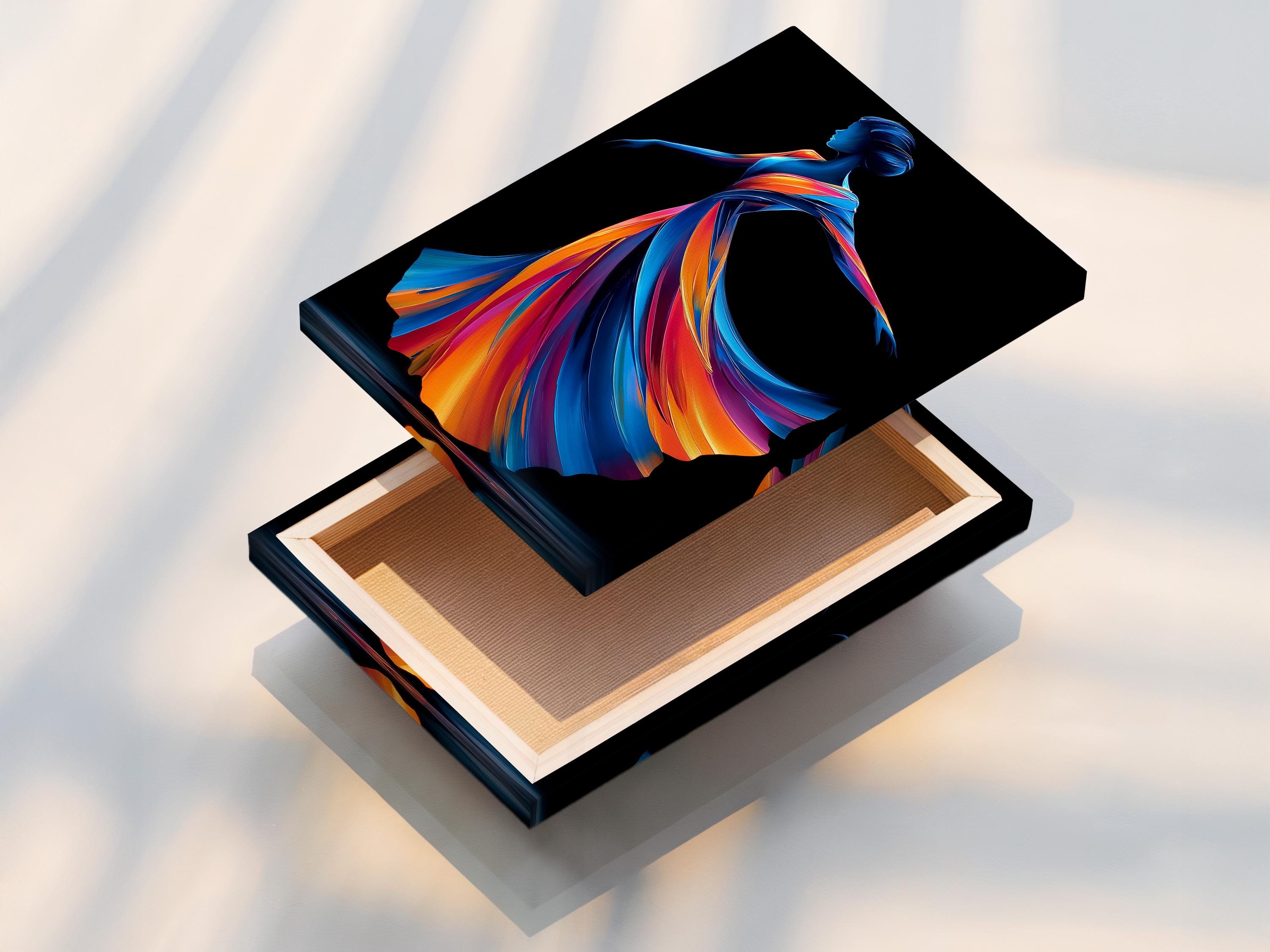 Wall mockup showing a framed abstract woman profile artwork with rainbow ribbon hair