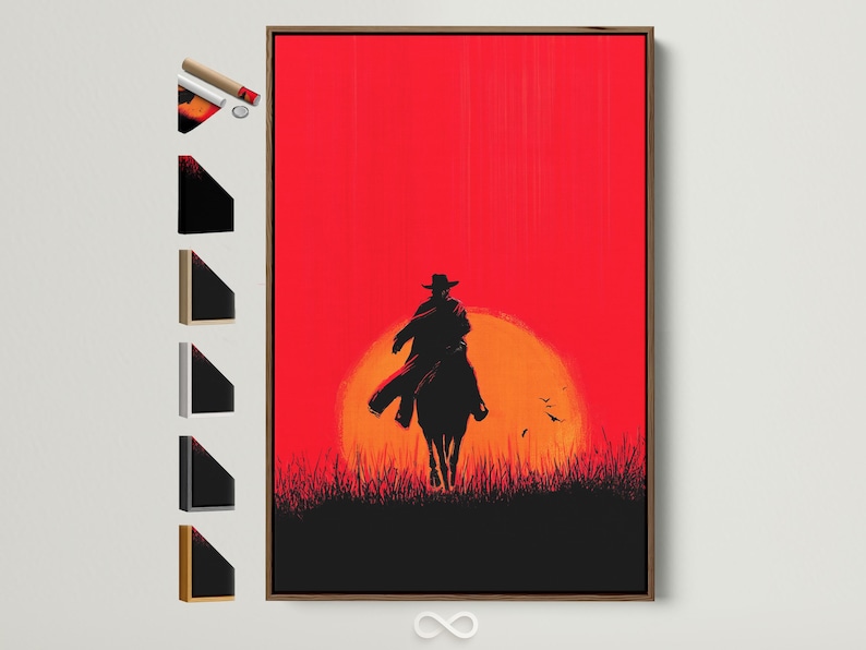 A black cowboy rides a horse beneath a glowing orange sun in front of a red sky
