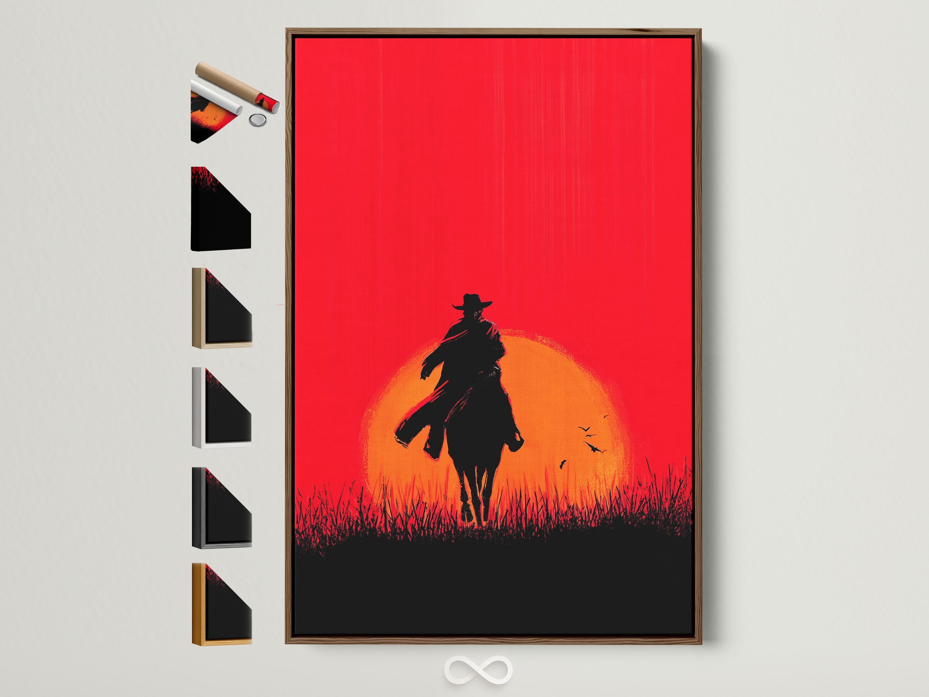 A black cowboy rides a horse beneath a glowing orange sun in front of a red sky