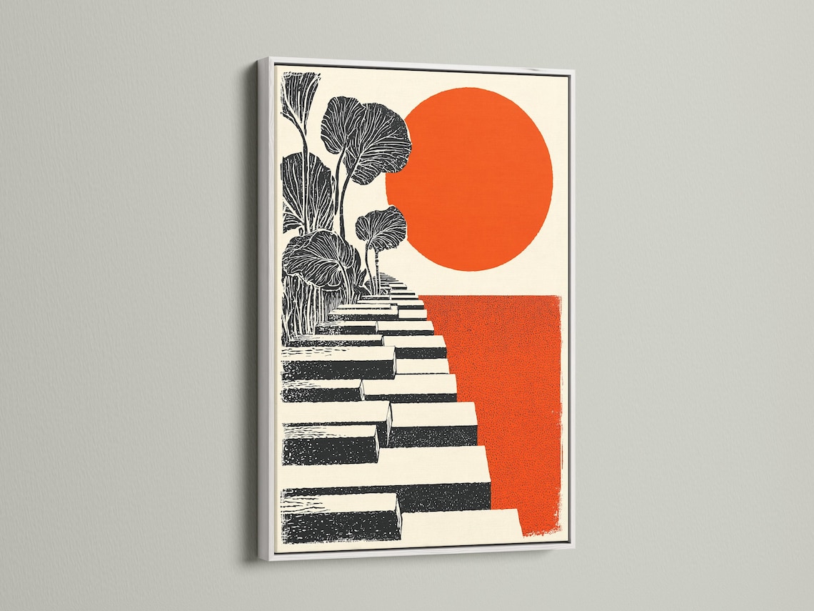 Diagonal black, off-white and burnt orange staircase with tree silhouettes and a large orange sun detail view