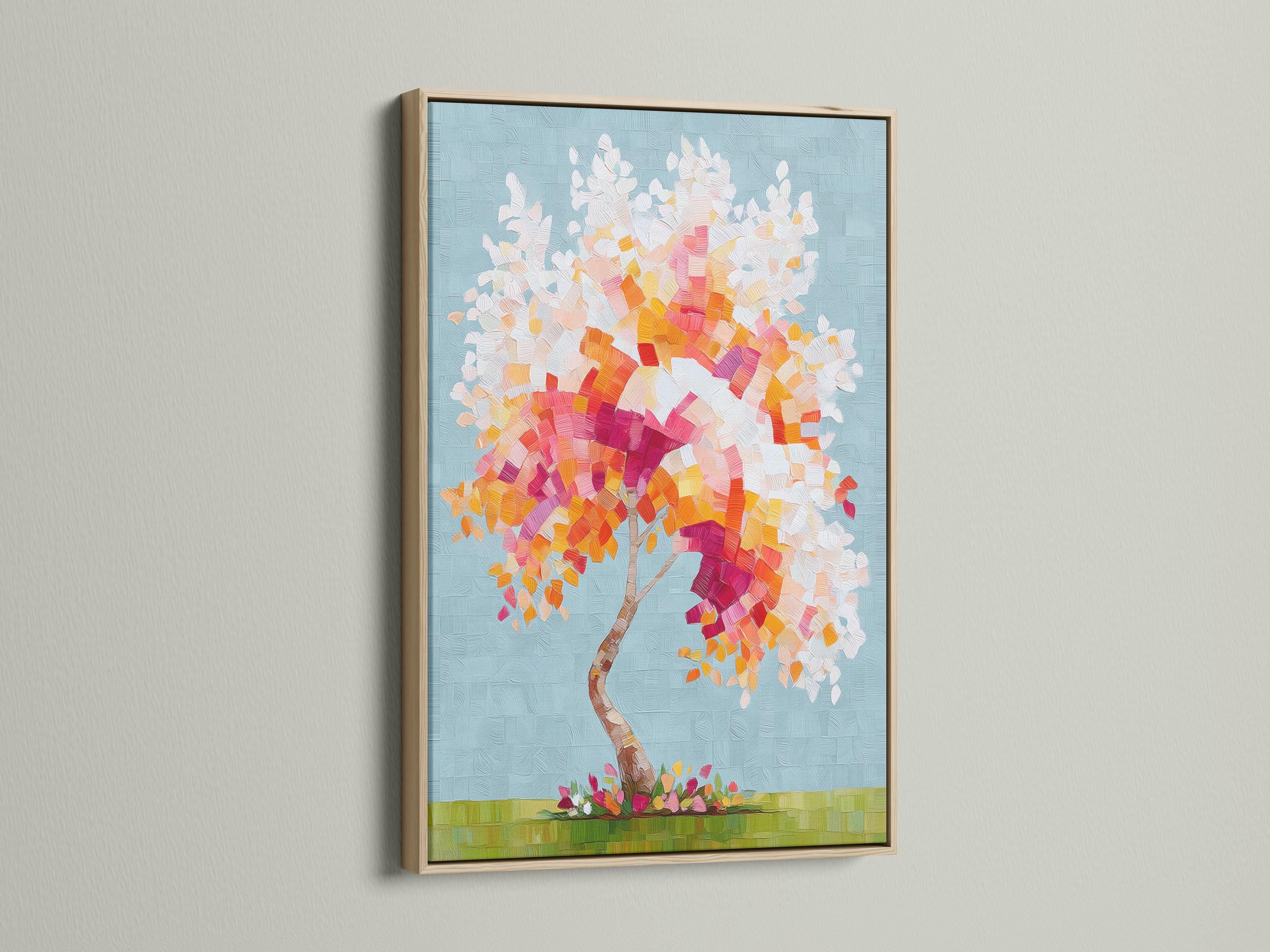Colourful abstract tree with a mosaic canopy in pink, orange and yellow on a blue textured background detail view