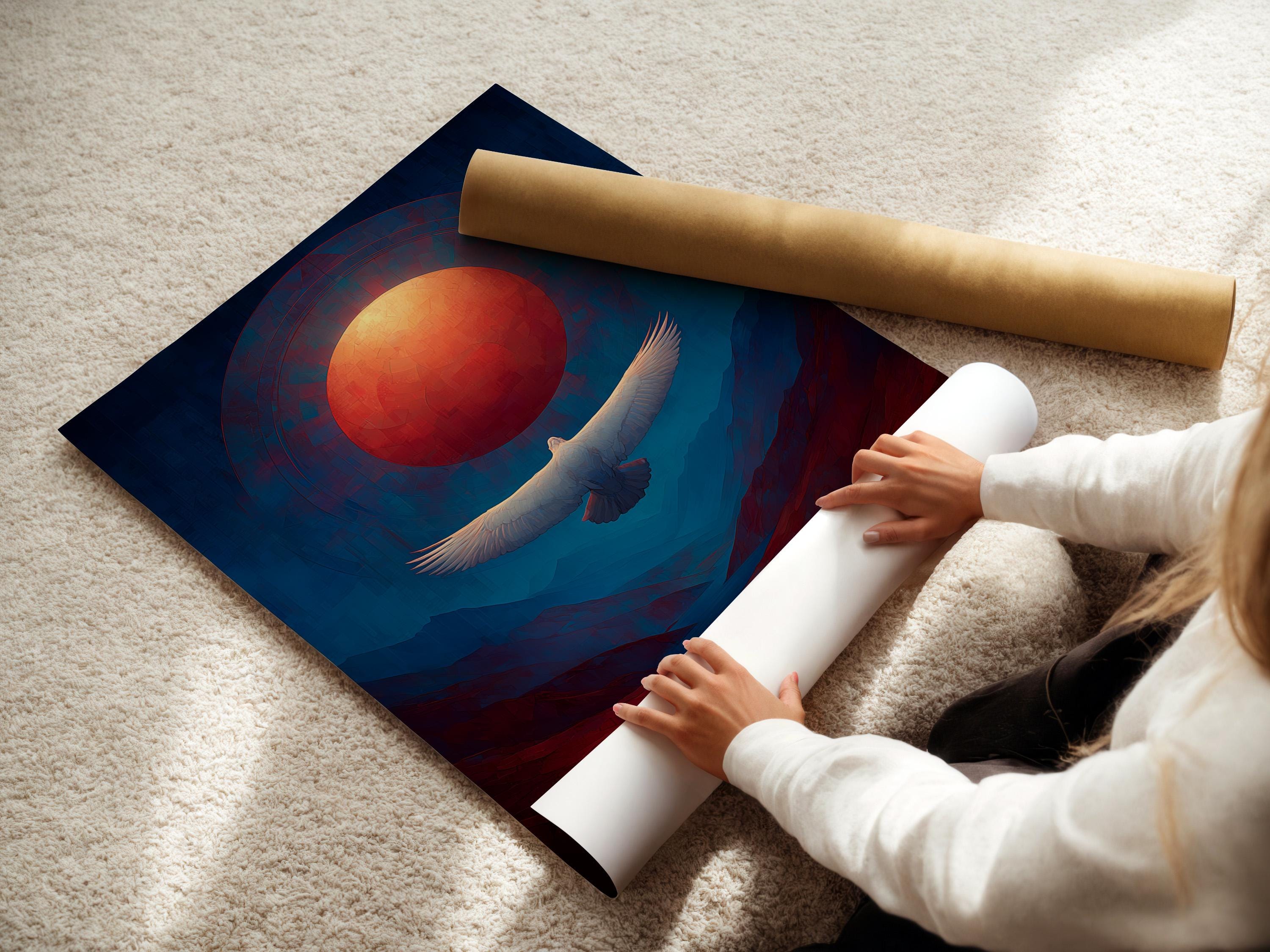 Artwork mockup showing a framed eagle over a blue and red mountain landscape with a glowing red sun
