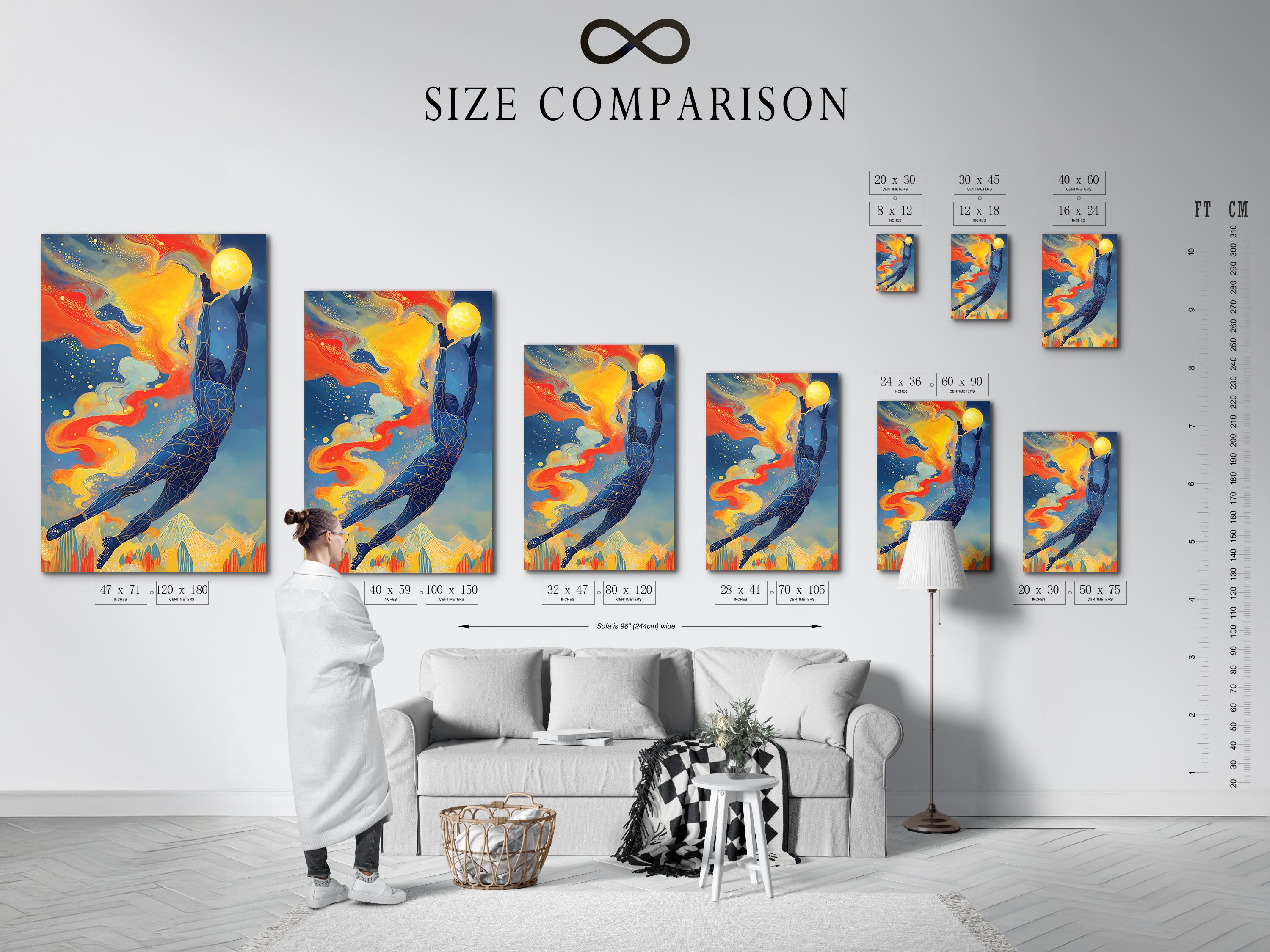 Abstract sports figure reaching upward beside a glowing yellow sun, in blue, orange and gold with speckled dots detail view