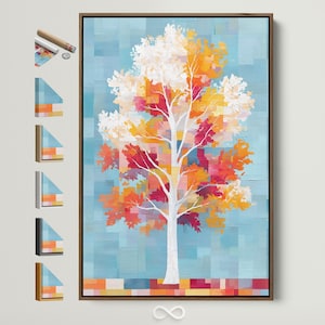 Puede incluir: Impresión artística abstracta de un árbol con tronco blanco y hojas vibrantes en naranja, rojo y amarillo. El fondo presenta un diseño de mosaico azul claro. La obra de arte está enmarcada en un marco de madera marrón oscuro.