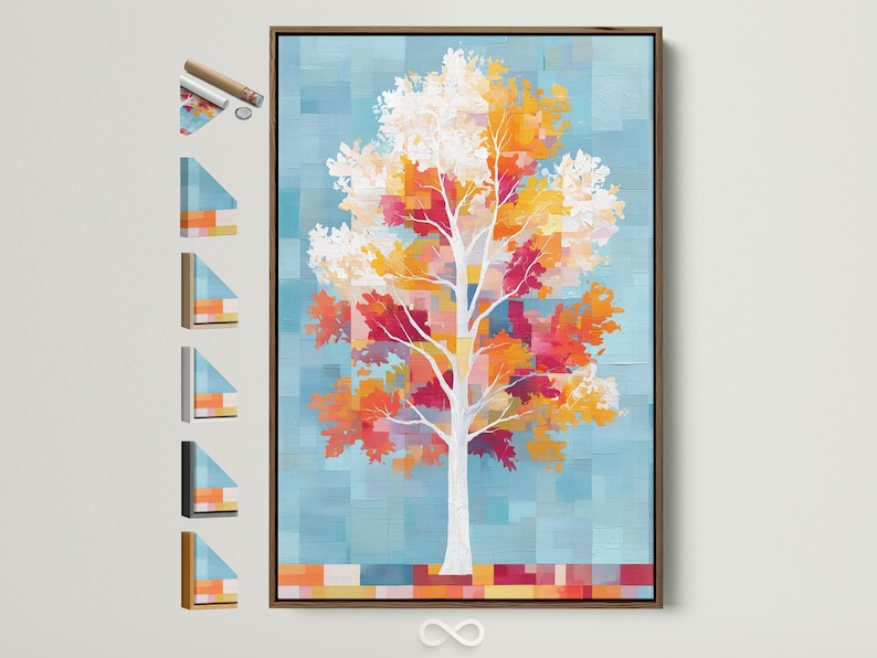 Stylised tree with white trunk, colourful autumn leaf blocks, and cool blue pixel background