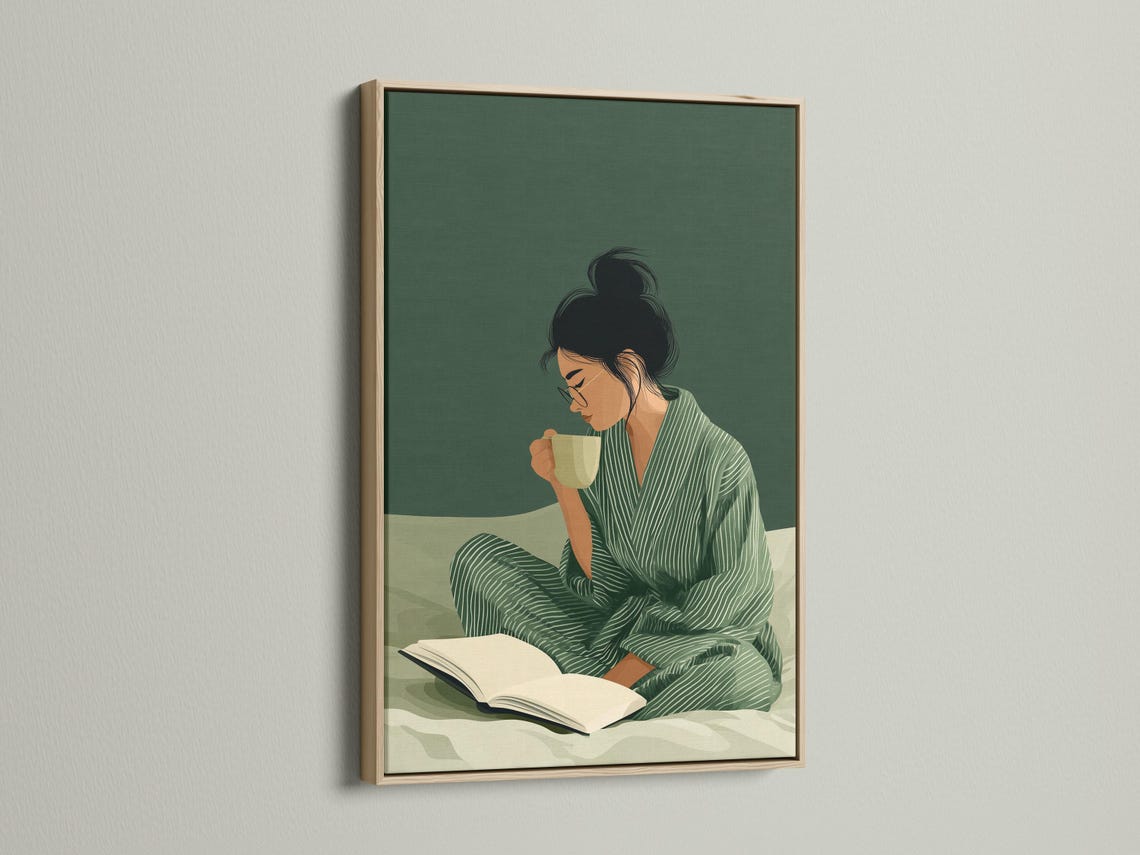 Stylised woman reading an open book with a cup, in muted sage green and cream tones detail view