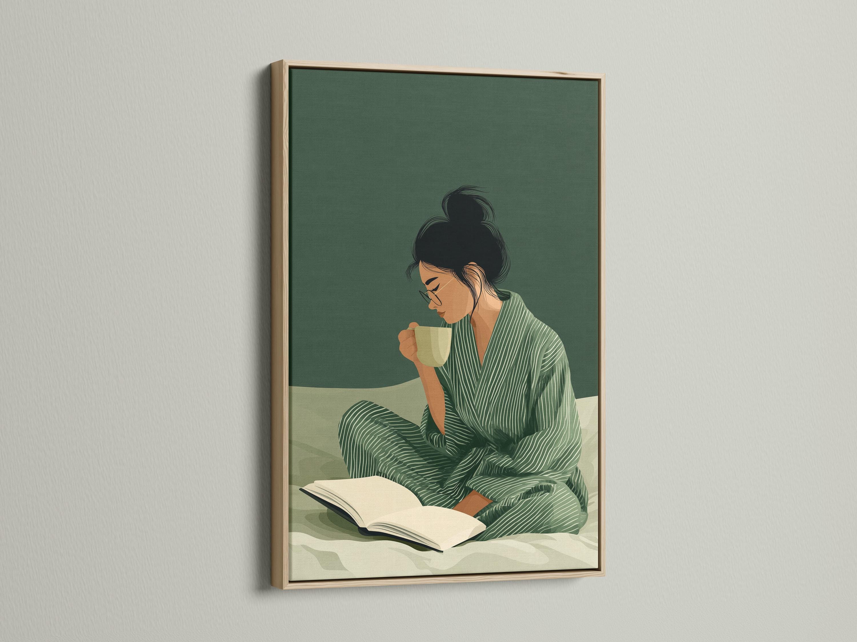 Stylised woman reading an open book with a cup, in muted sage green and cream tones detail view