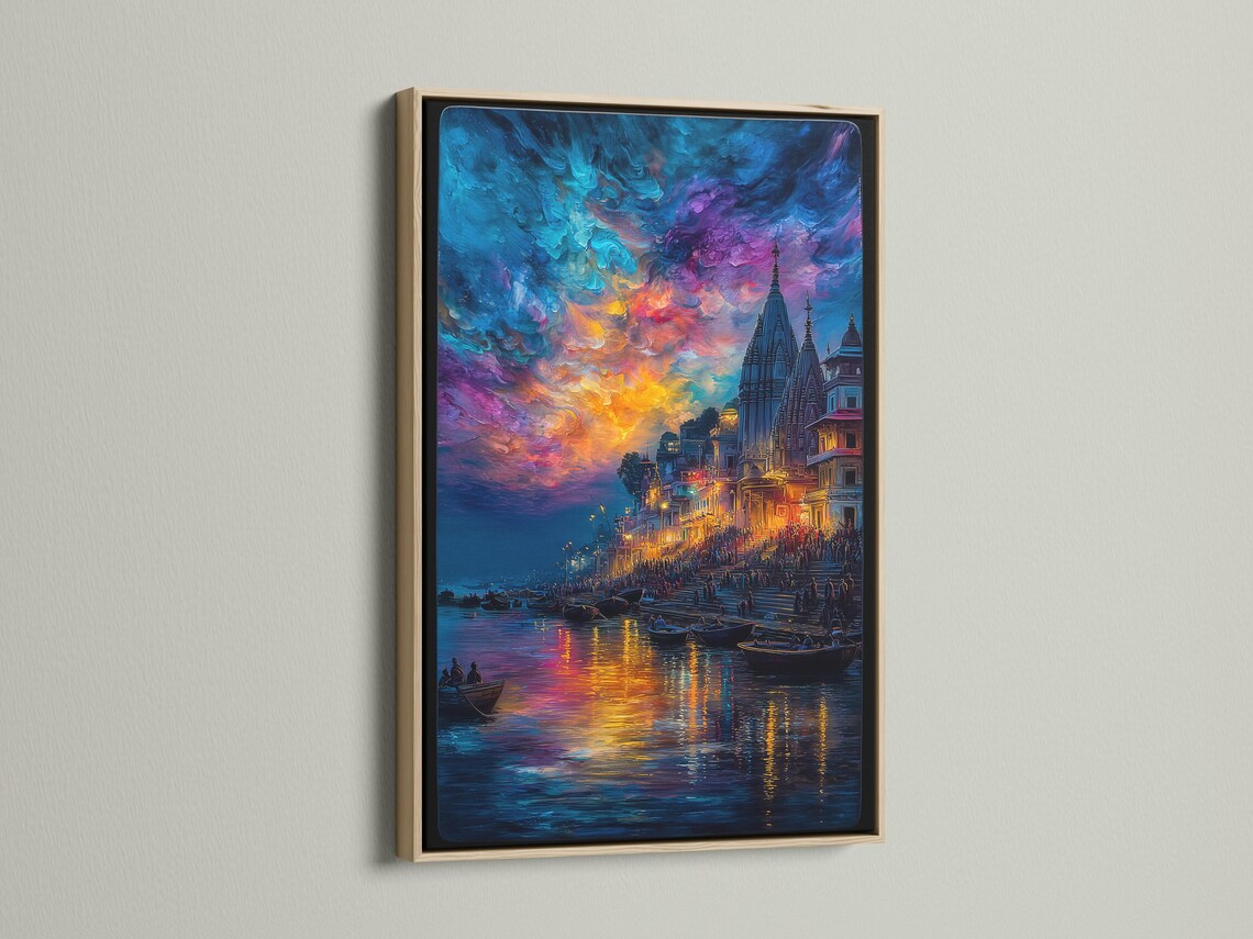 Painterly city riverscape at sunset with spired buildings, boats on reflective water and colourful clouds detail view