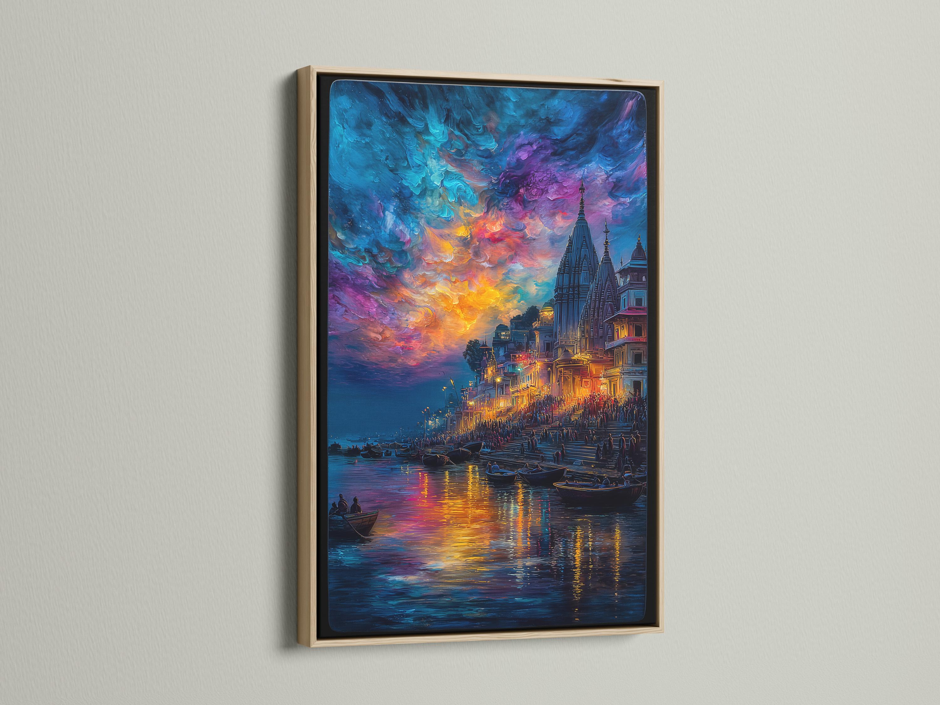 Painterly city riverscape at sunset with spired buildings, boats on reflective water and colourful clouds detail view