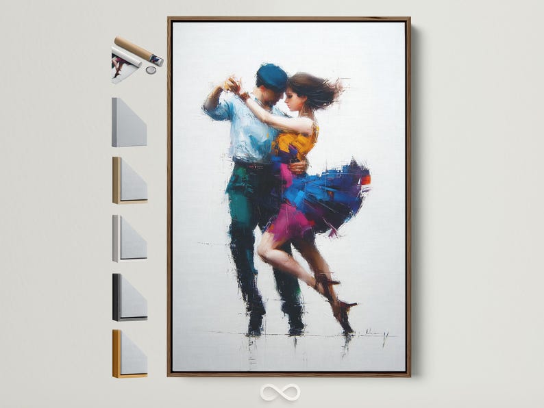 Painterly blue and yellow tango couple embracing in motion