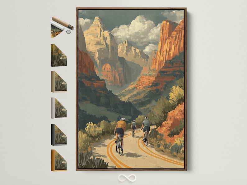 Retro desert canyon cycling scene with three cyclists on a winding road