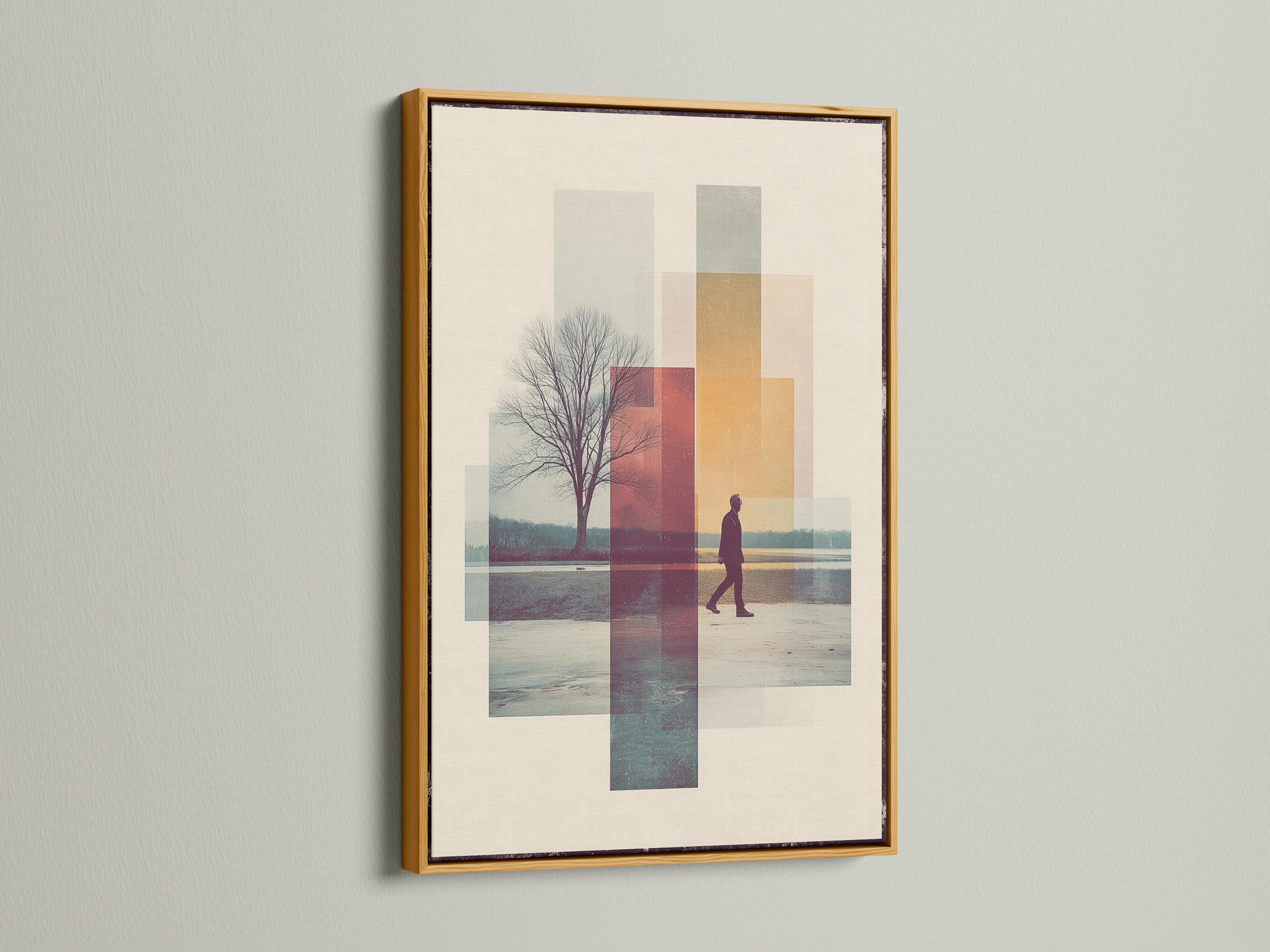 Beige abstract geometric landscape with a leafless tree and a walking figure detail view