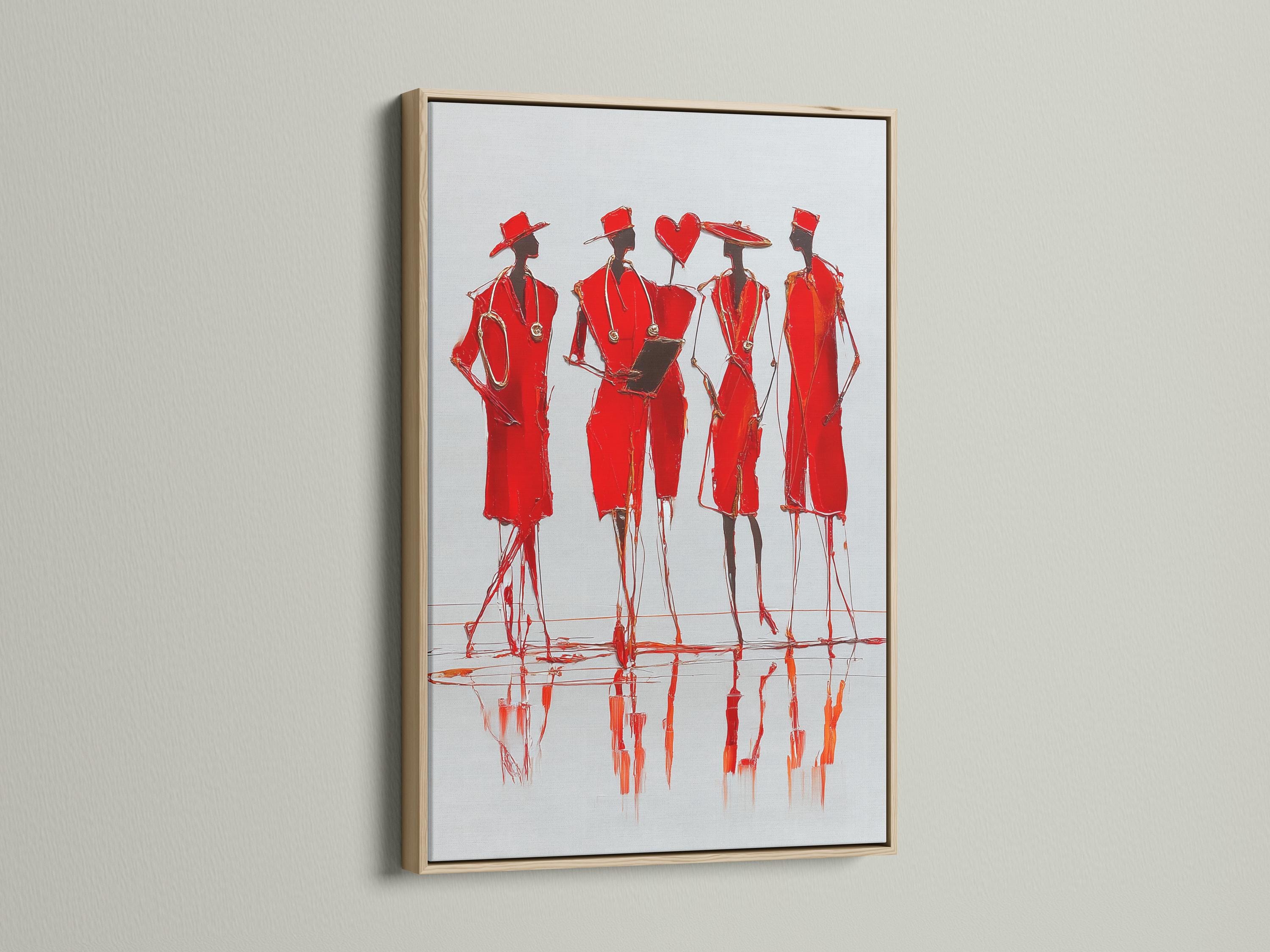 Stylised group of red fashion figures in hats with sketchy outlines and mirrored red reflections detail view