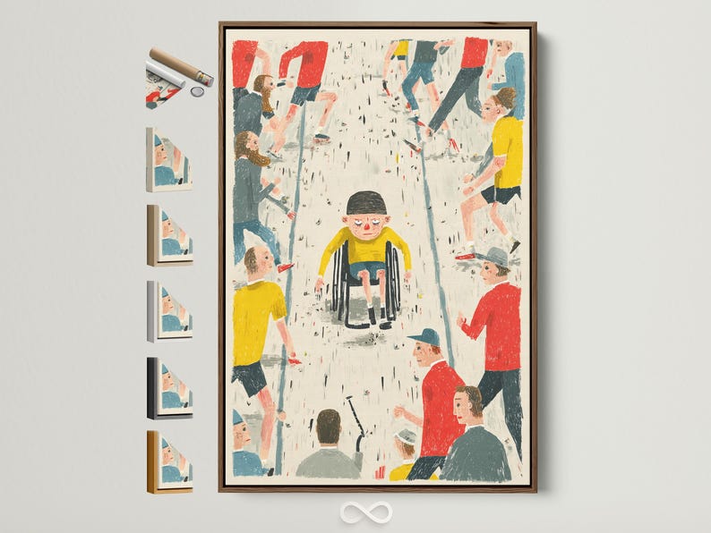 Illustrated community crowd scene with people in red, yellow and blue-green and rain-like speckles